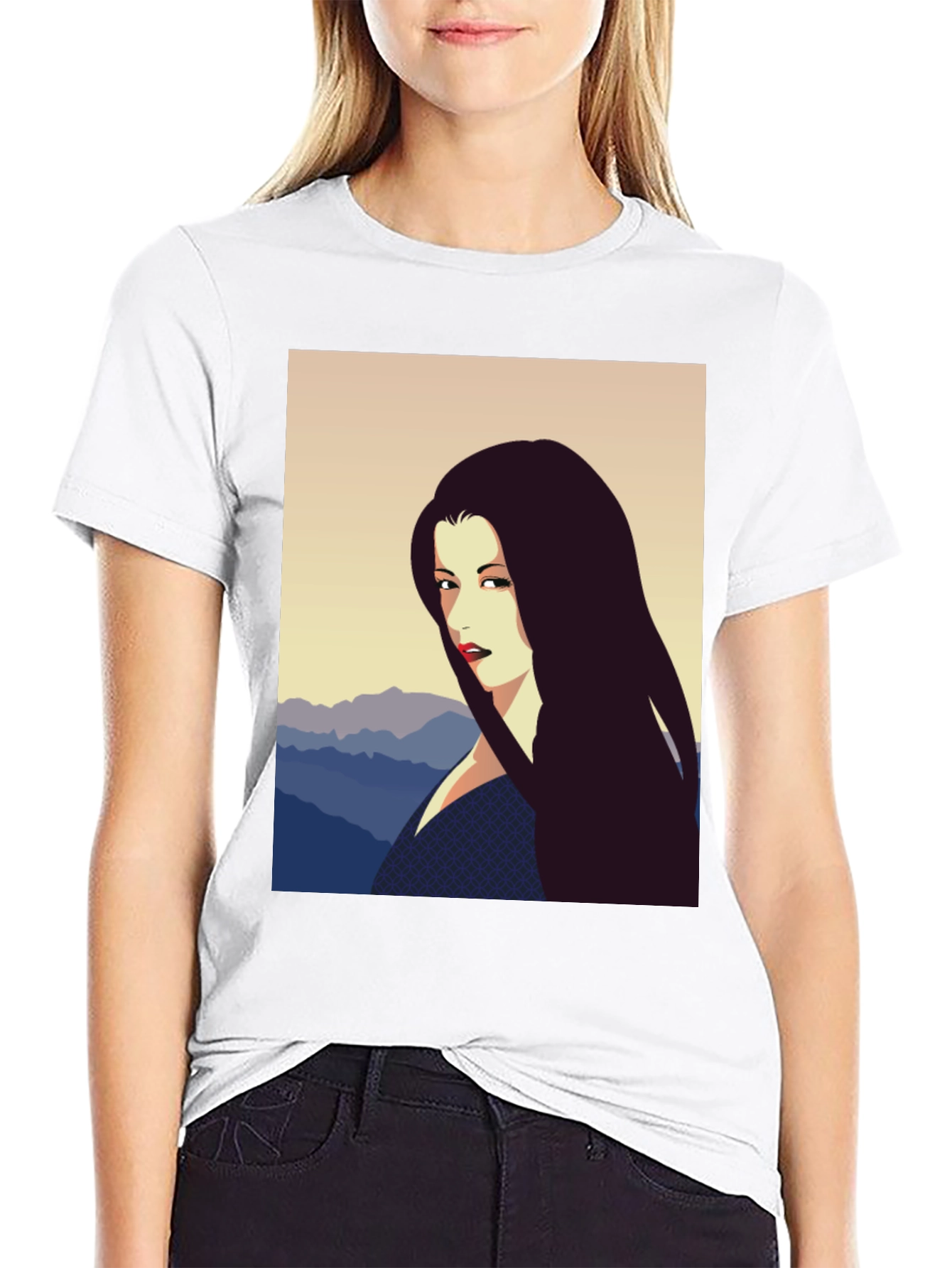 Camiseta Negra con Diseño Artístico de Mujer