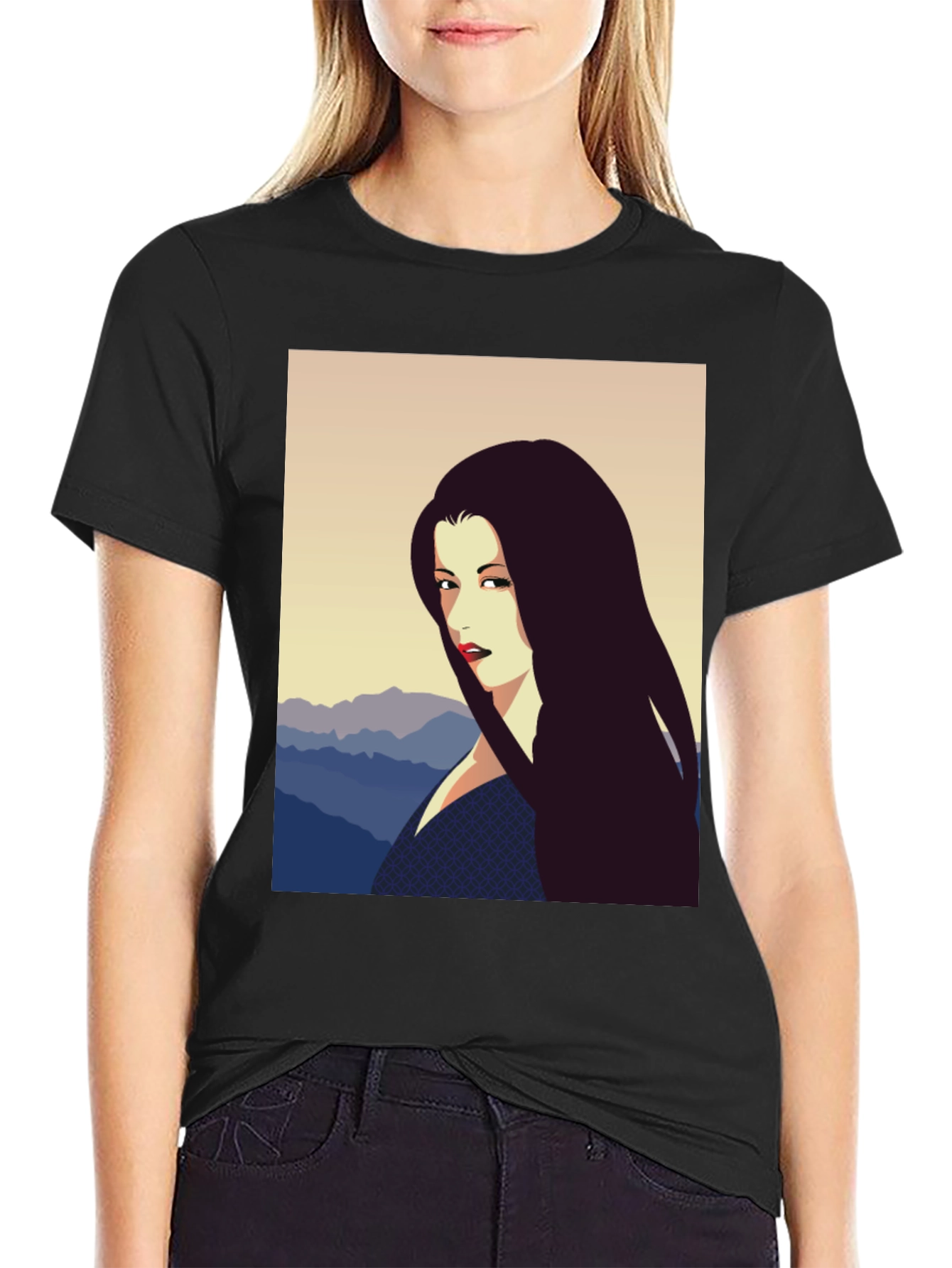 Camiseta Negra con Diseño Artístico de Mujer