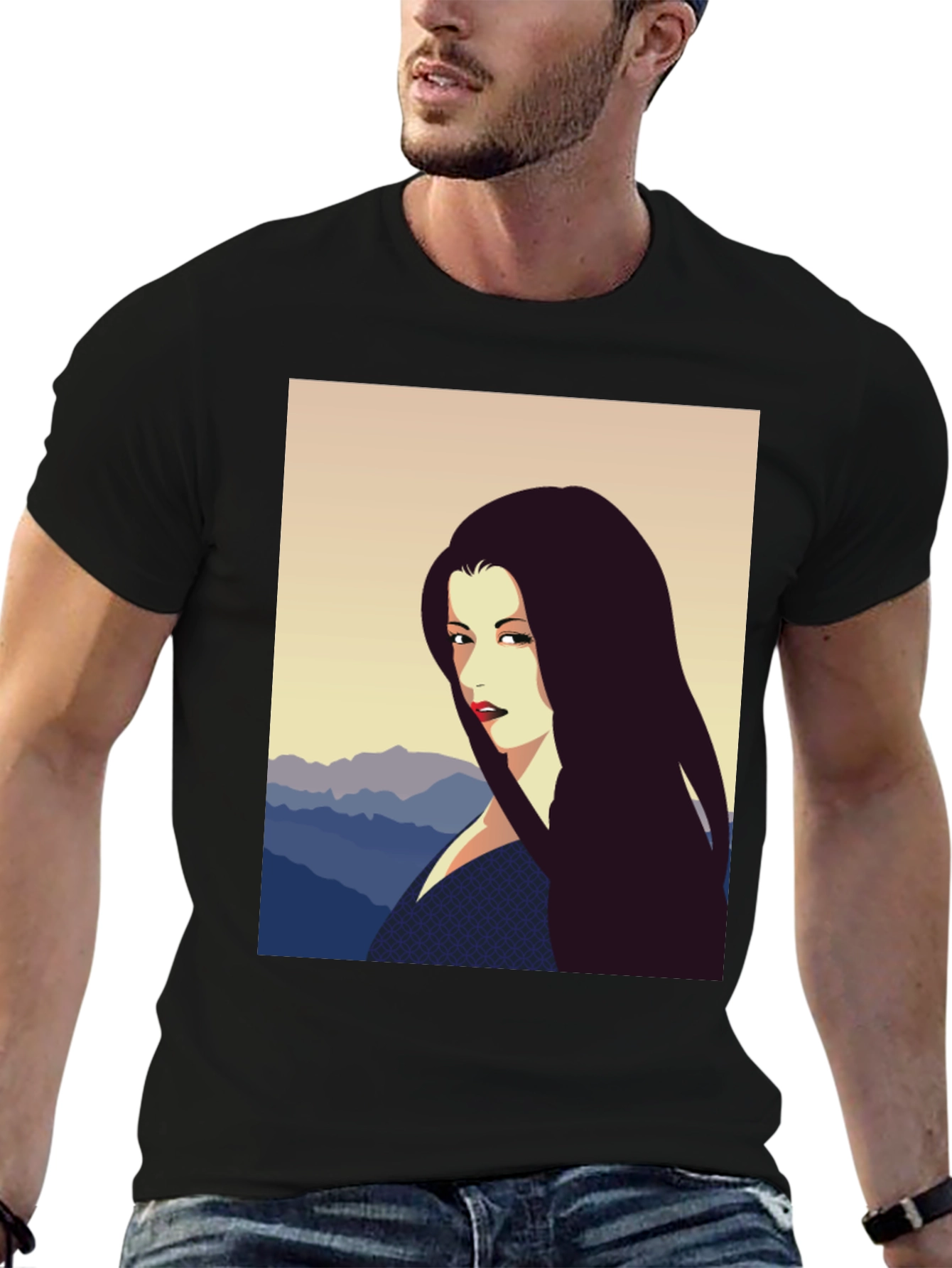 Camiseta Negra con Diseño Artístico de Mujer