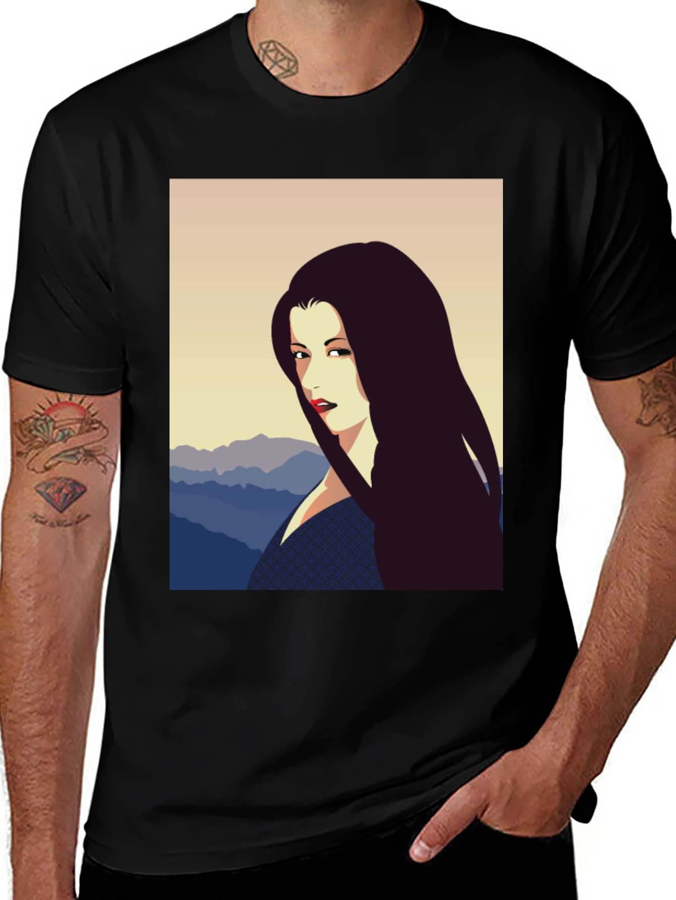 Camiseta Negra con Diseño Artístico de Mujer