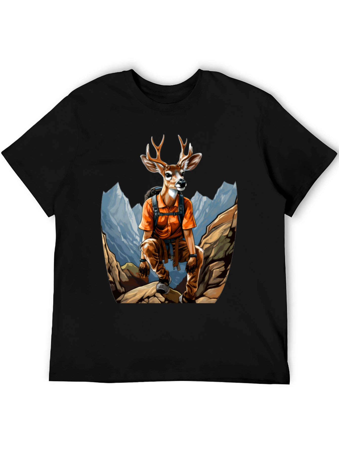 Camiseta Hombre Negra con Diseño de Ciervo Aventurero