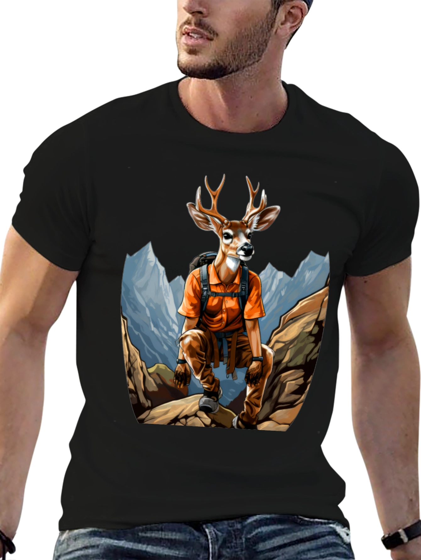 Camiseta Hombre Negra con Diseño de Ciervo Aventurero
