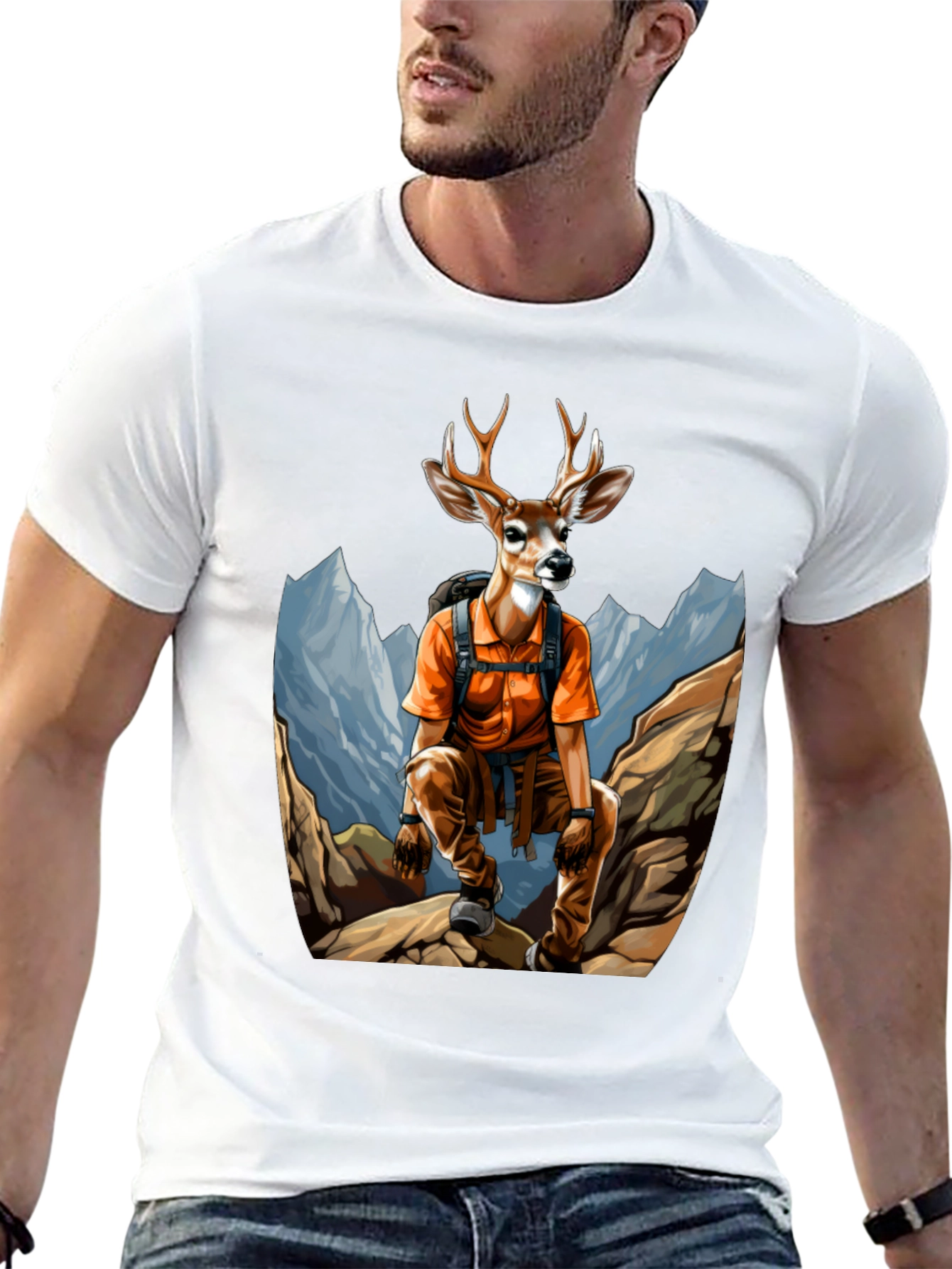 Camiseta Hombre Negra con Diseño de Ciervo Aventurero