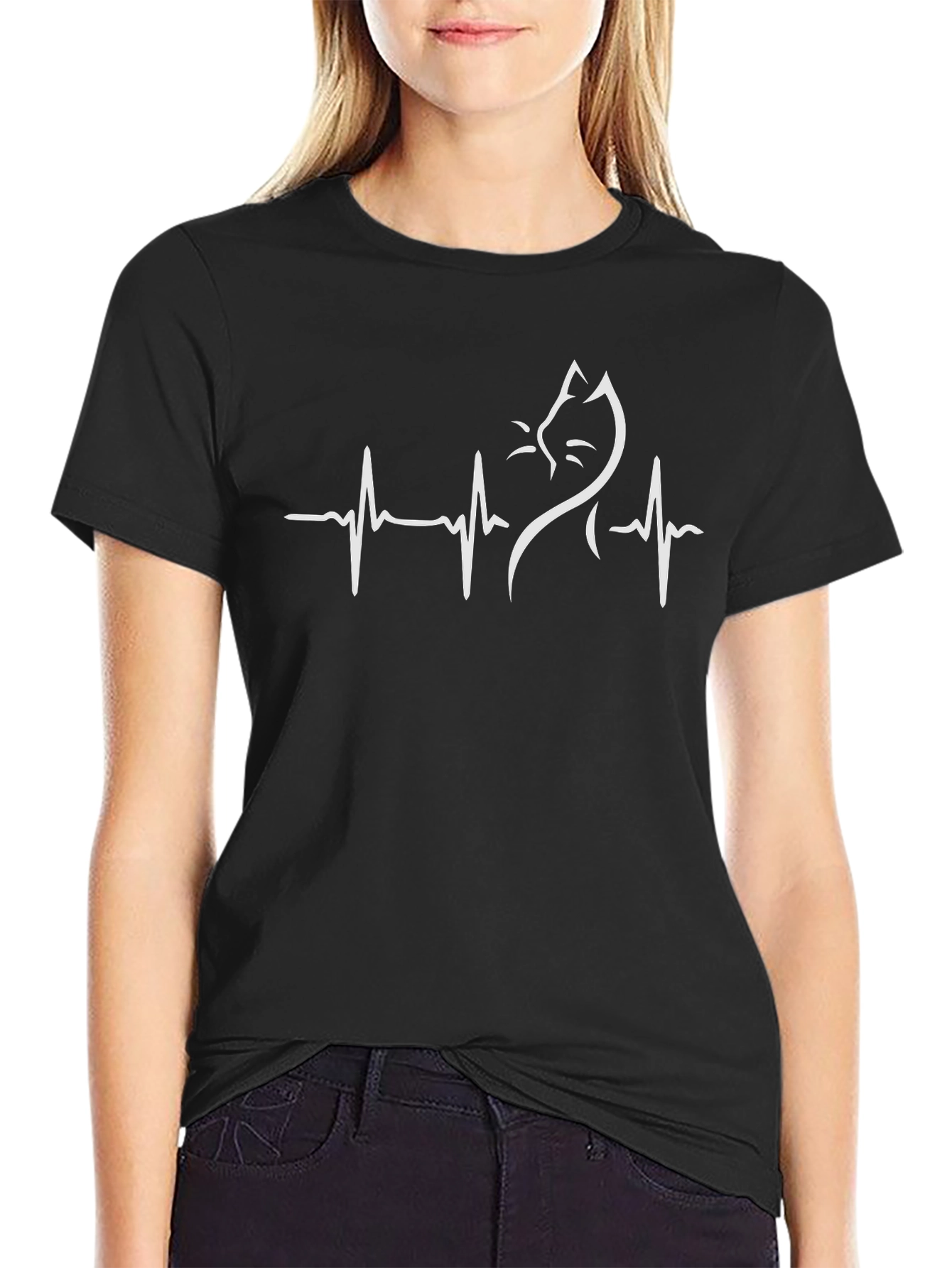 Camiseta Negra con Diseño de Latido de Gato