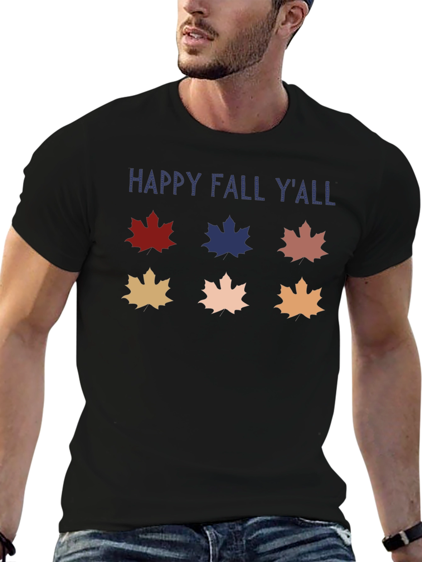 Camiseta Negra Happy Fall Yall con Hojas de Otoño