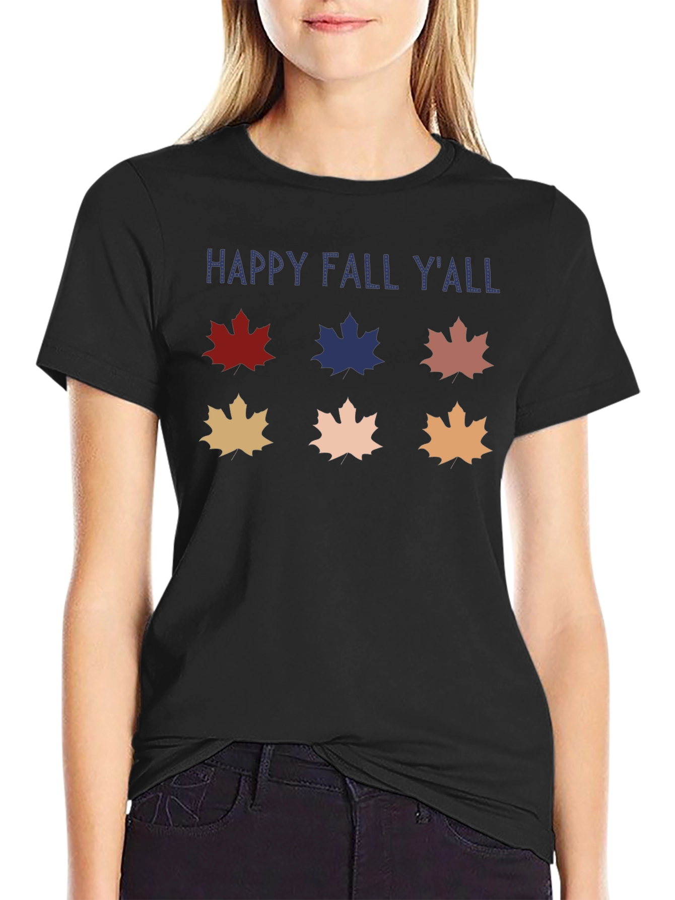 Camiseta Negra Happy Fall Yall con Hojas de Otoño