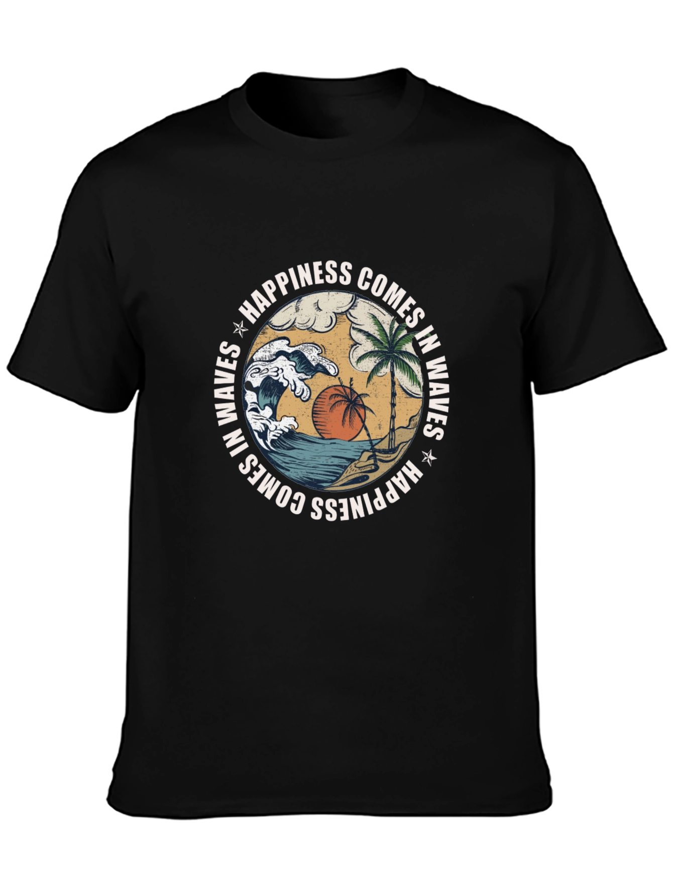 Camiseta Negra con Diseño de Playa y Olas