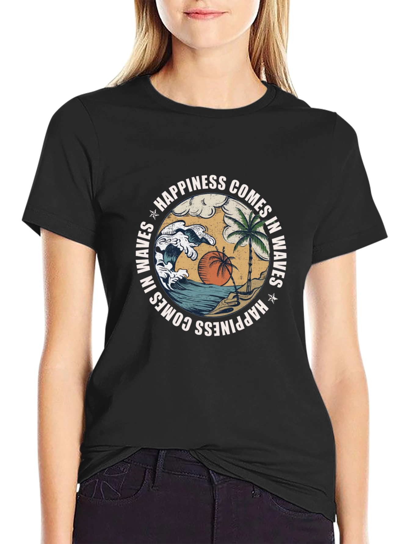 Camiseta Negra con Diseño de Playa y Olas