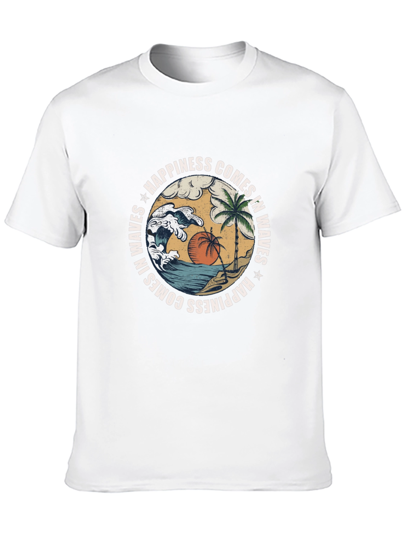 Camiseta Negra con Diseño de Playa y Olas