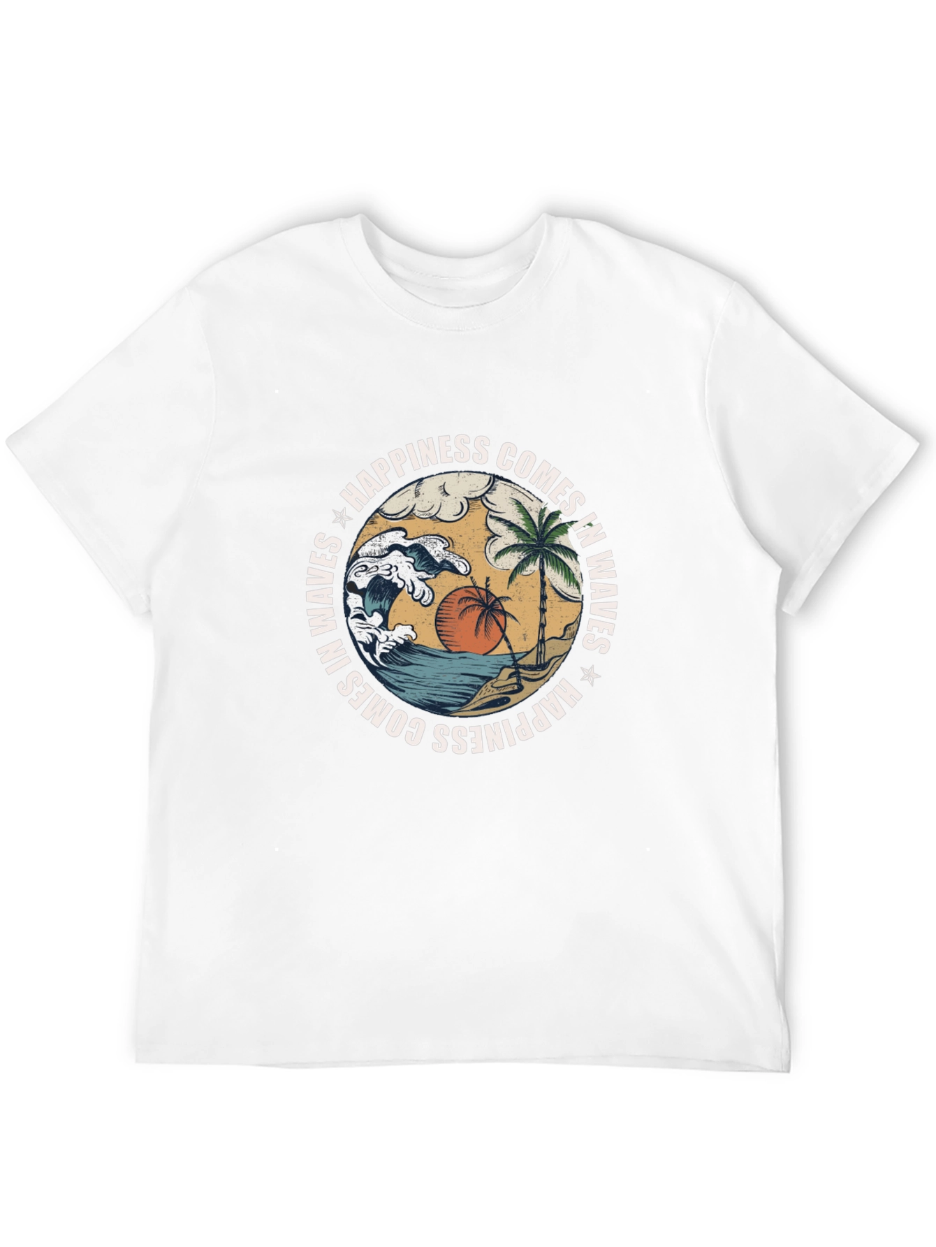 Camiseta Negra con Diseño de Playa y Olas