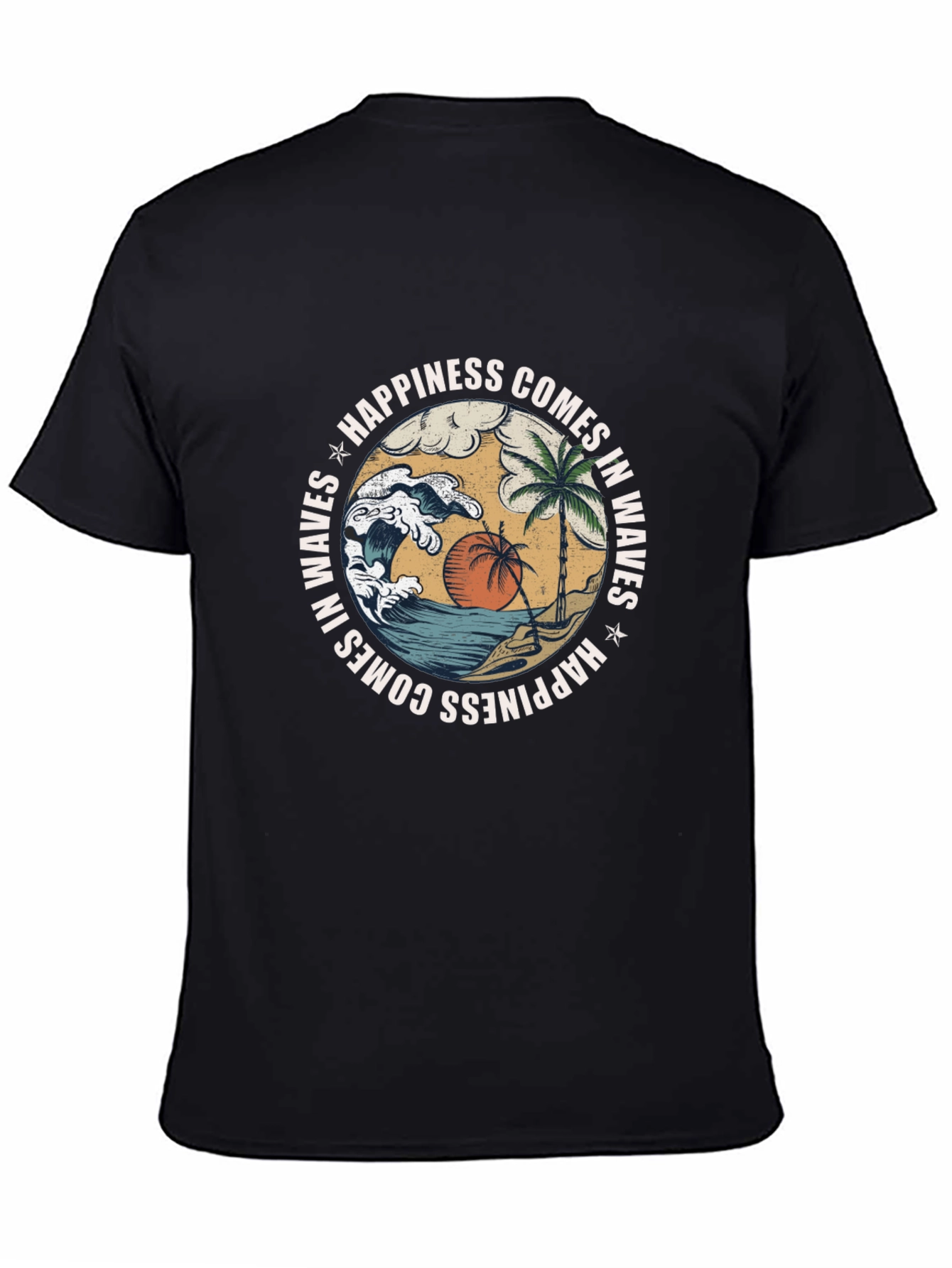Camiseta Negra con Diseño de Playa y Olas