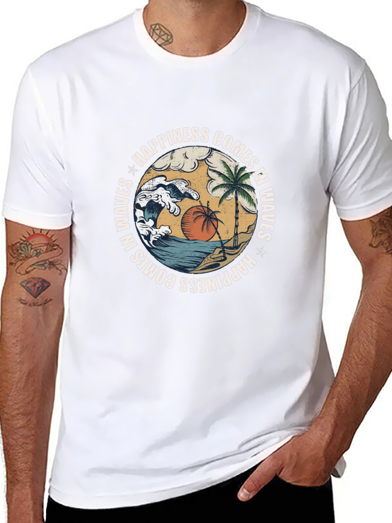 Camiseta Negra con Diseño de Playa y Olas