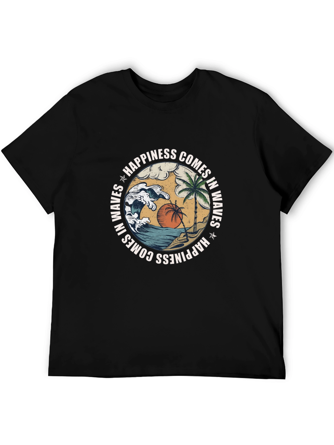 Camiseta Negra con Diseño de Playa y Olas