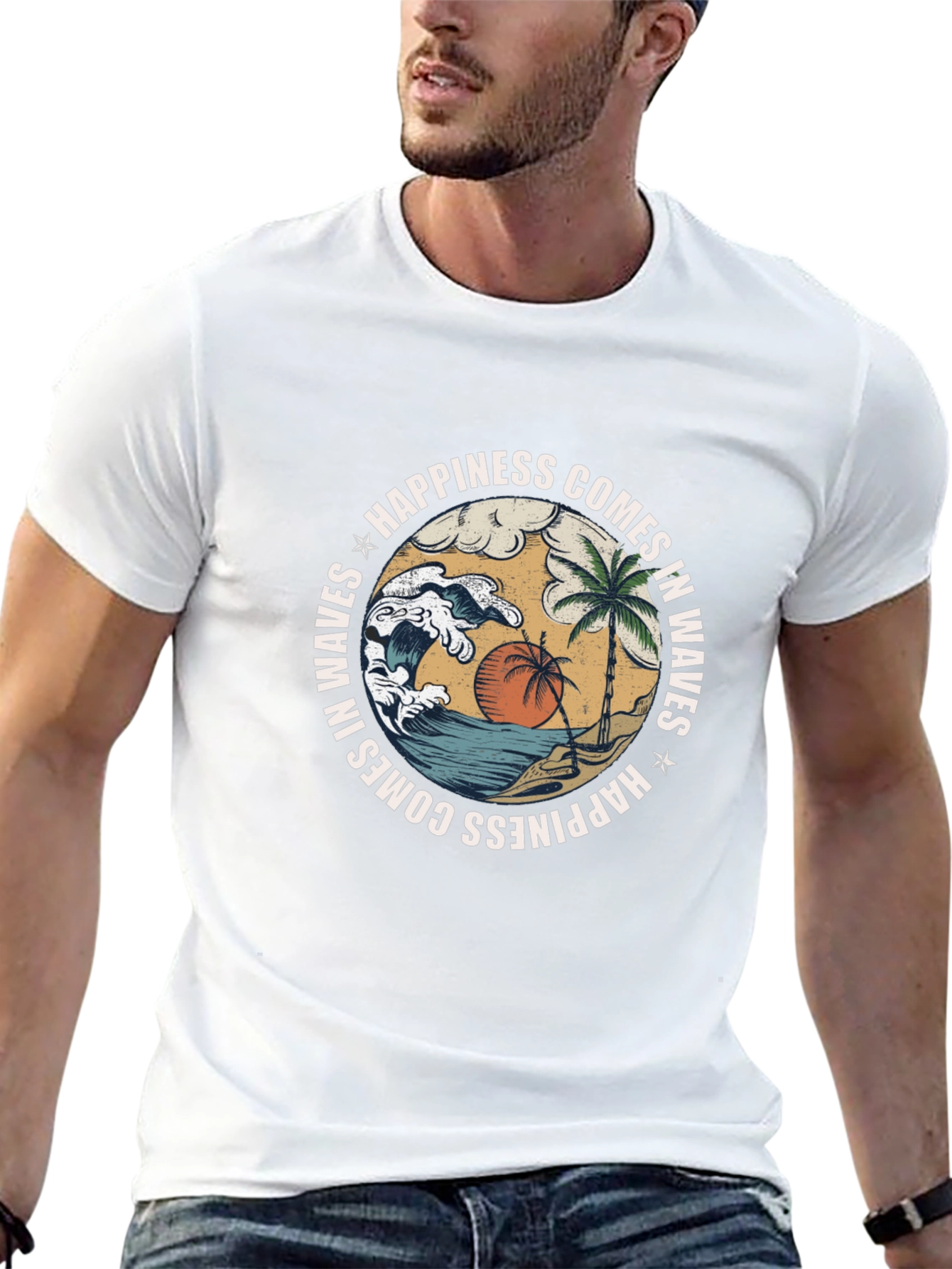 Camiseta Negra con Diseño de Playa y Olas
