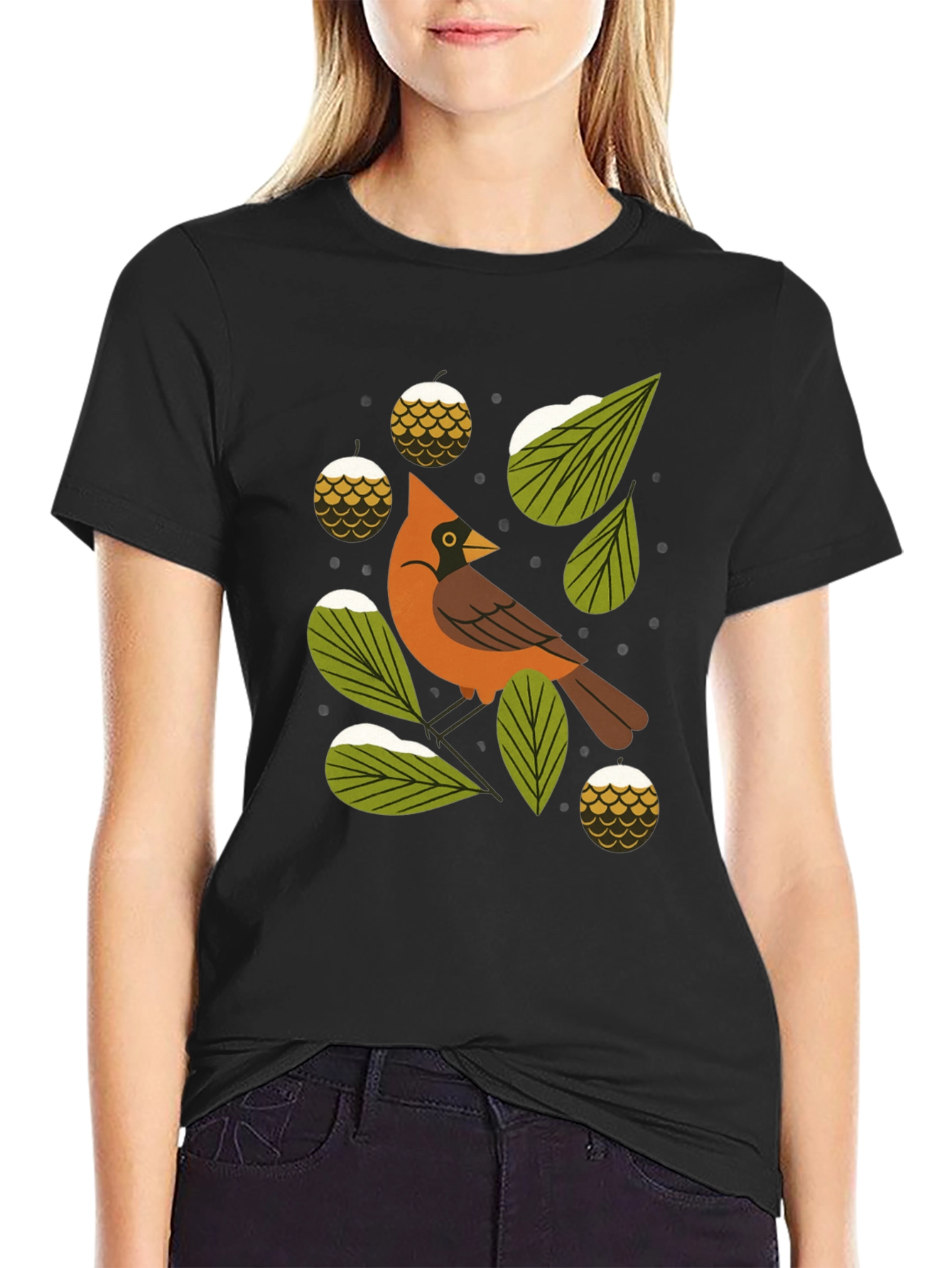 Camiseta Negra con Diseño de Cardenal Invernal