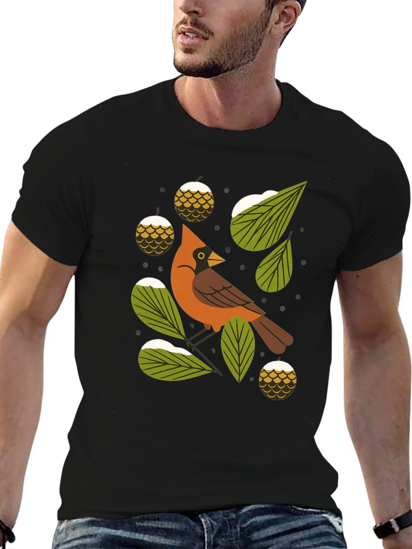 Camiseta Negra con Diseño de Cardenal Invernal