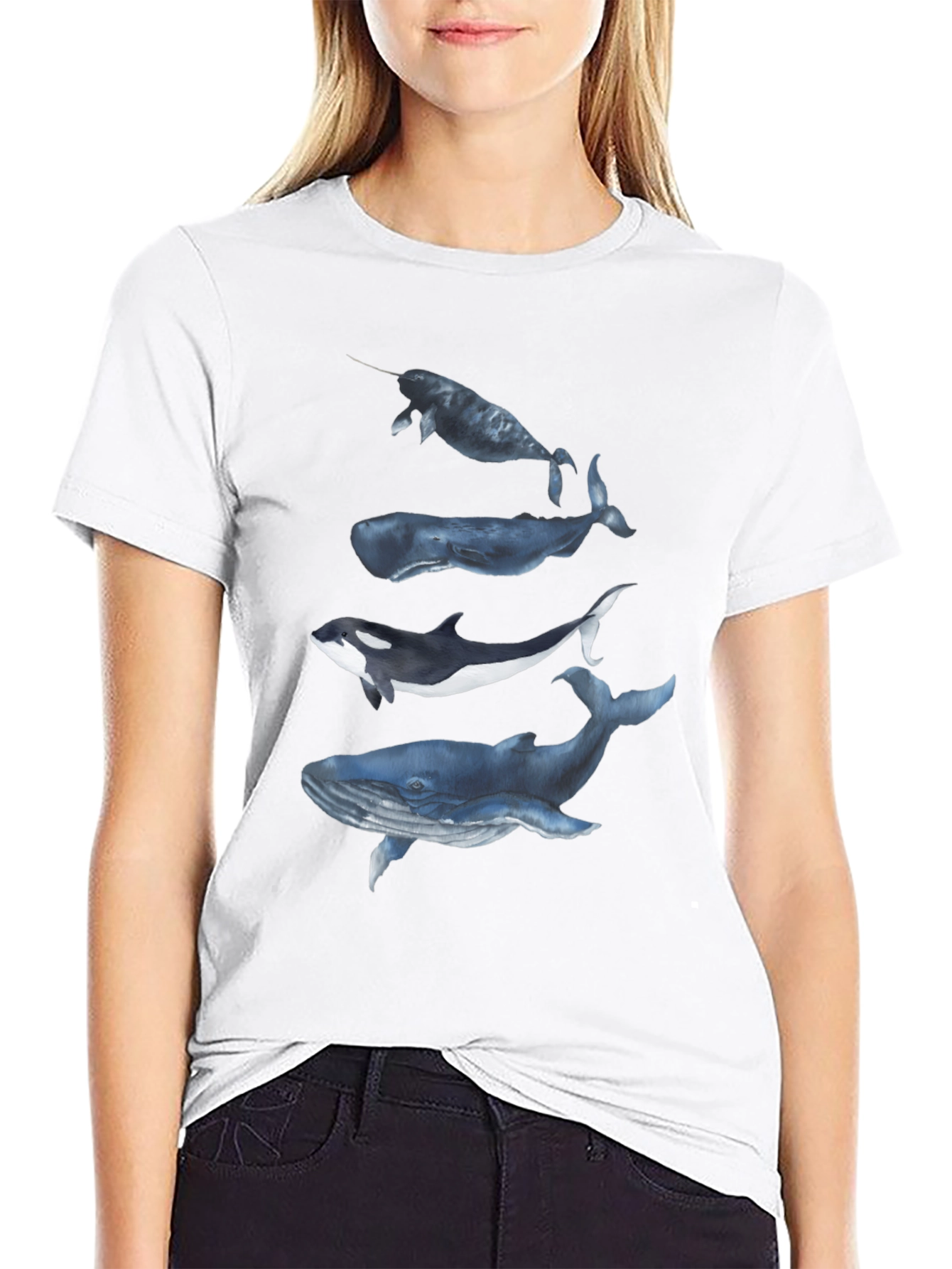 Camiseta Negra con Diseño de Ballenas Acuarela