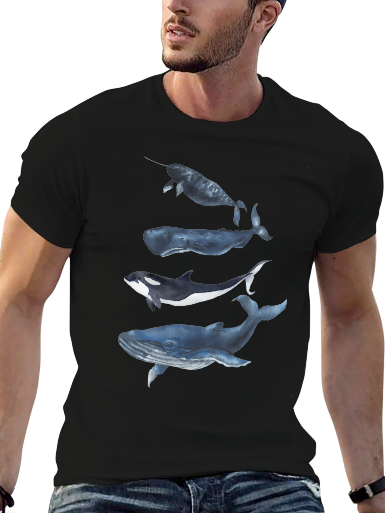 Camiseta Negra con Diseño de Ballenas Acuarela