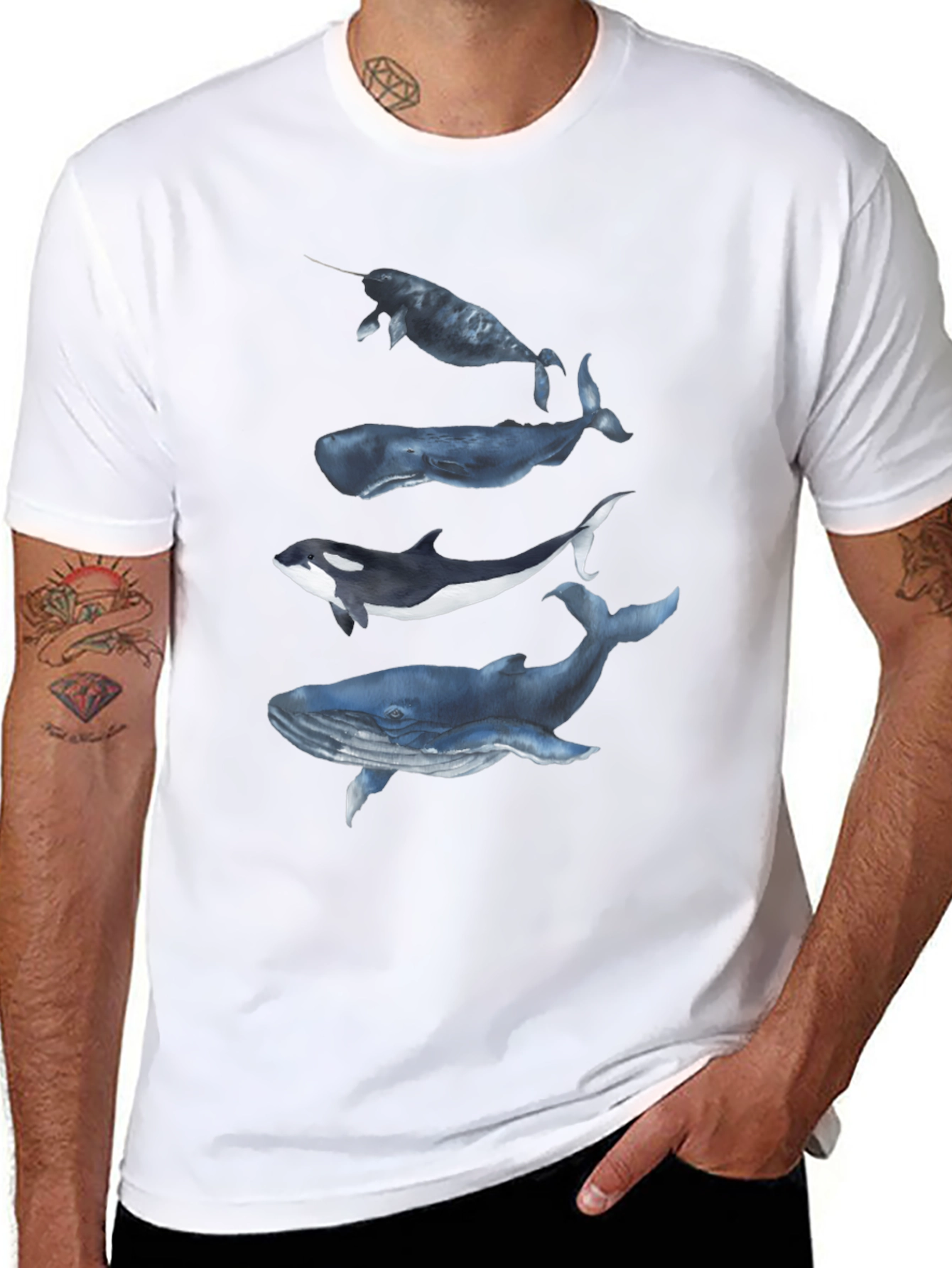 Camiseta Negra con Diseño de Ballenas Acuarela