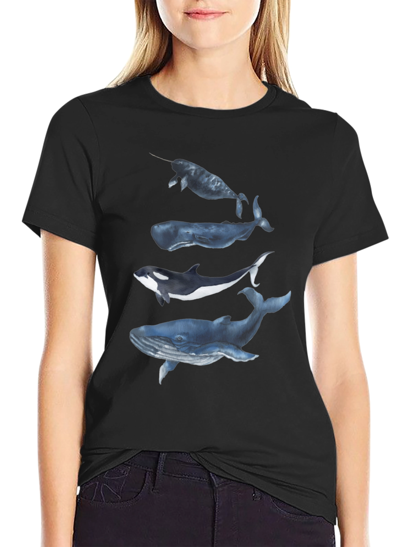 Camiseta Negra con Diseño de Ballenas Acuarela