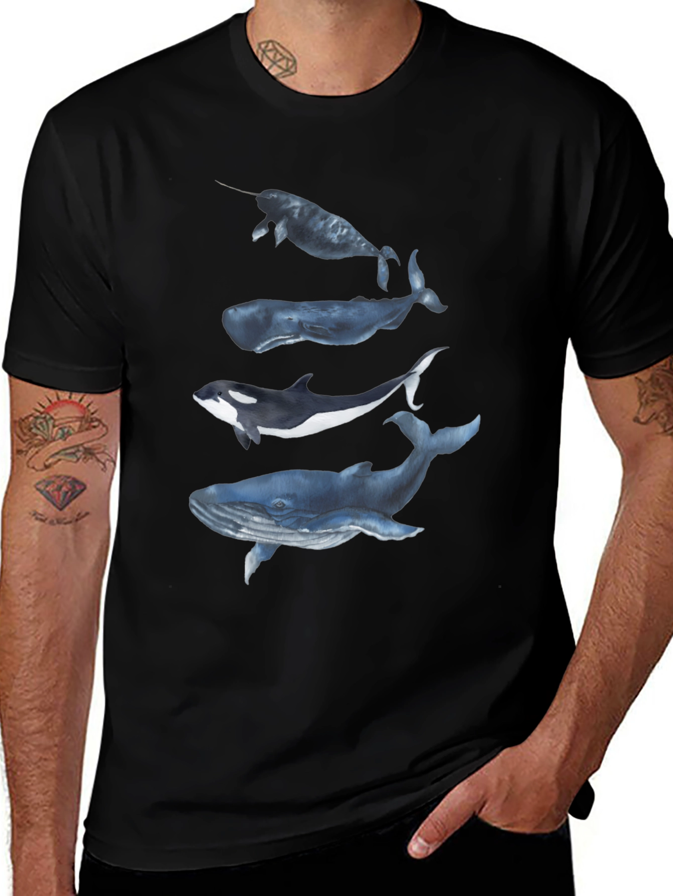 Camiseta Negra con Diseño de Ballenas Acuarela