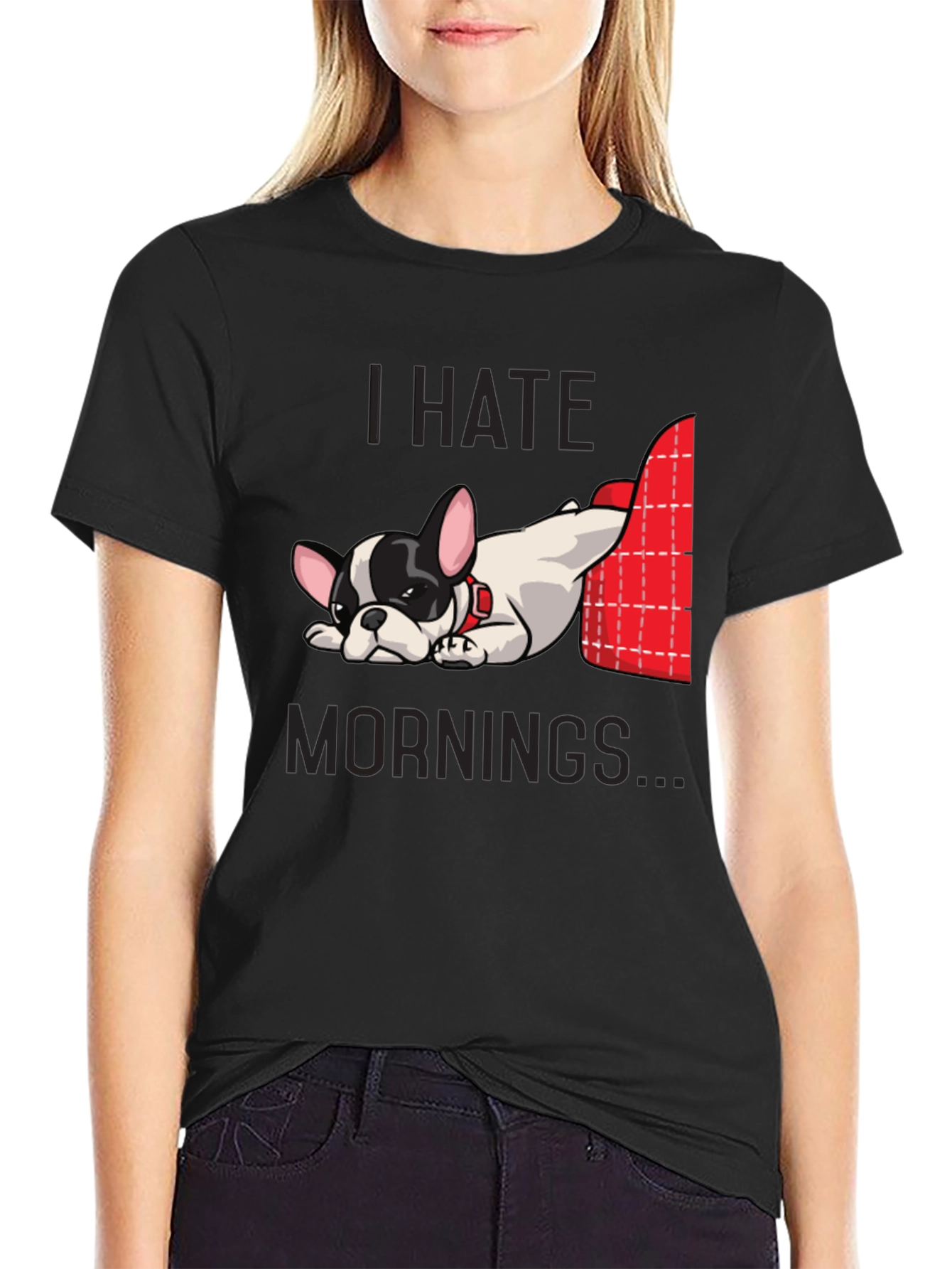 Camiseta Negra Odio las Mañanas con Bulldog Francés