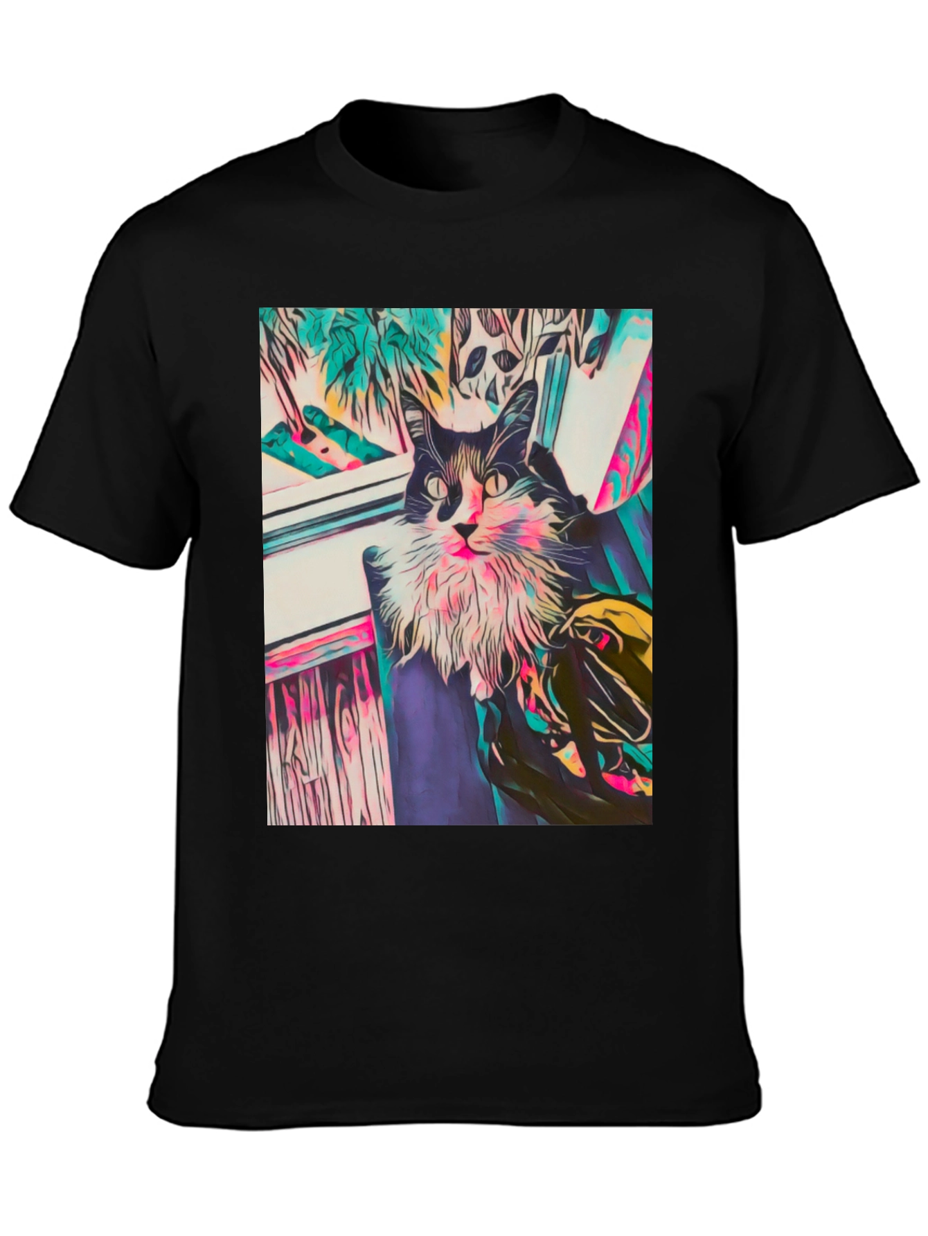 Camiseta Negra con Diseño de Gato Abstracto