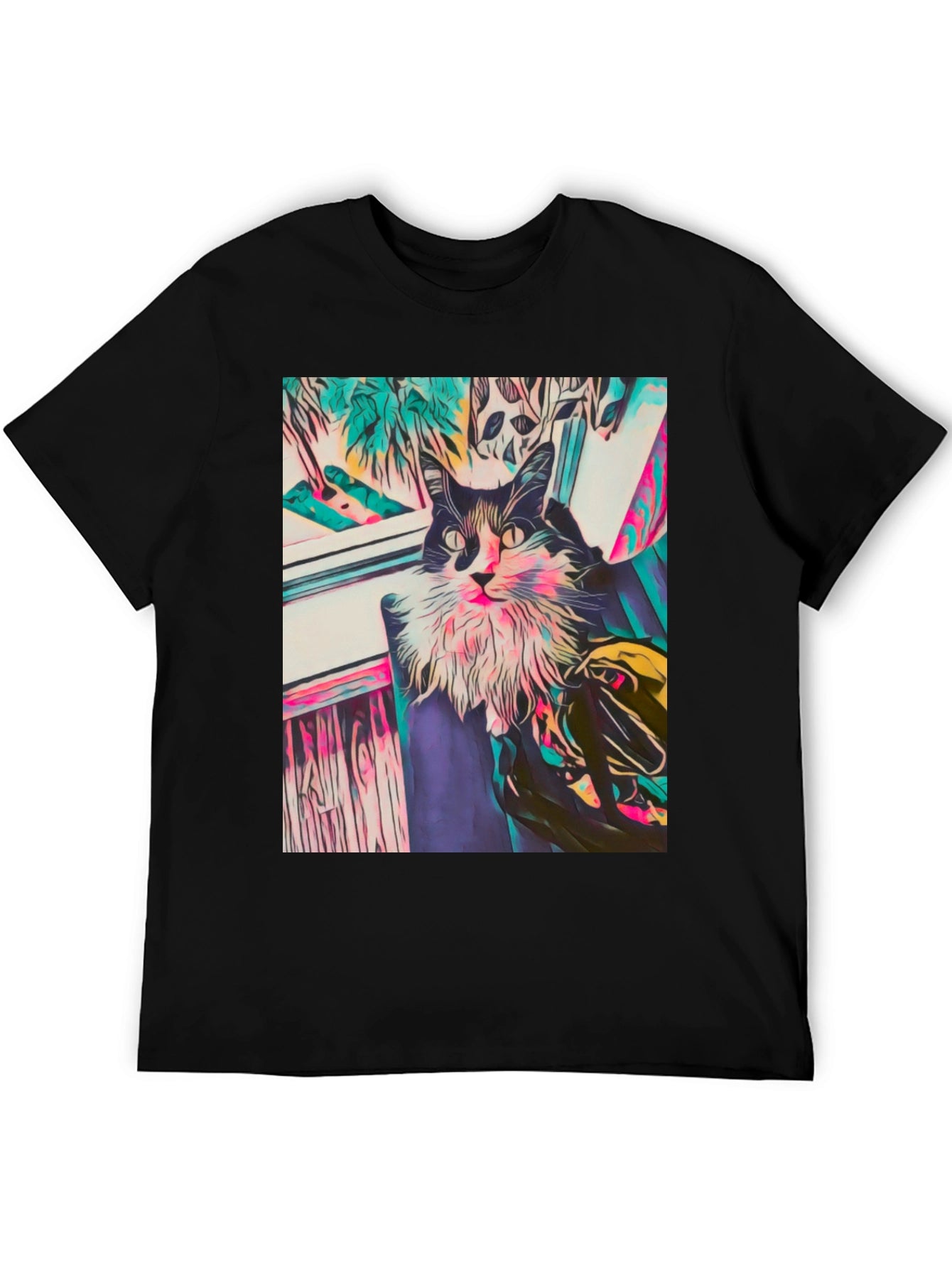 Camiseta Negra con Diseño de Gato Abstracto