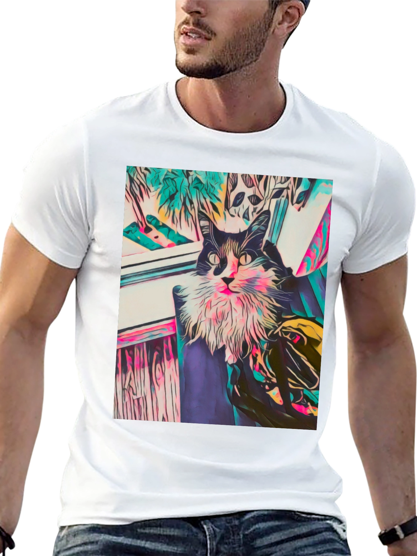 Camiseta Negra con Diseño de Gato Abstracto
