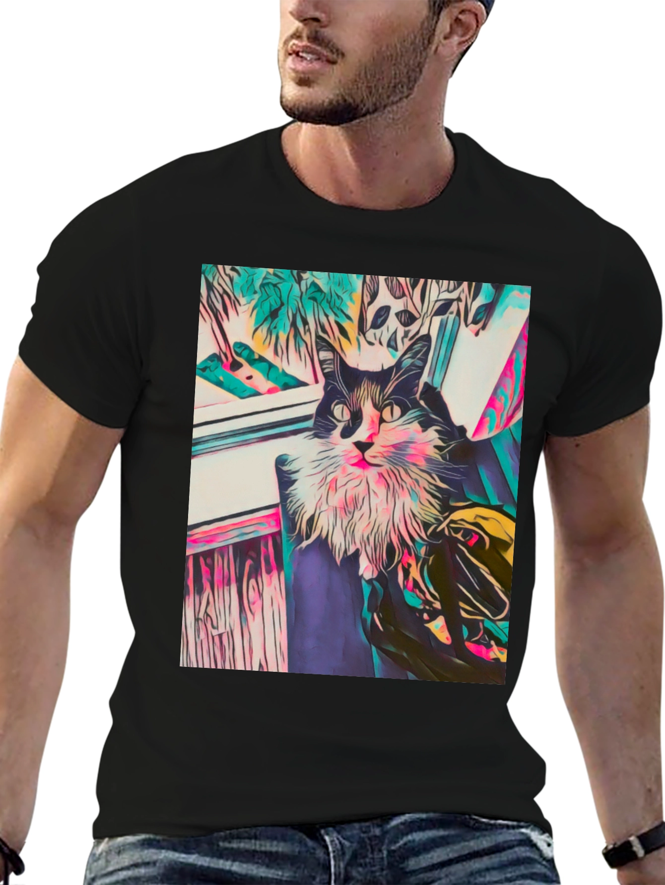 Camiseta Negra con Diseño de Gato Abstracto