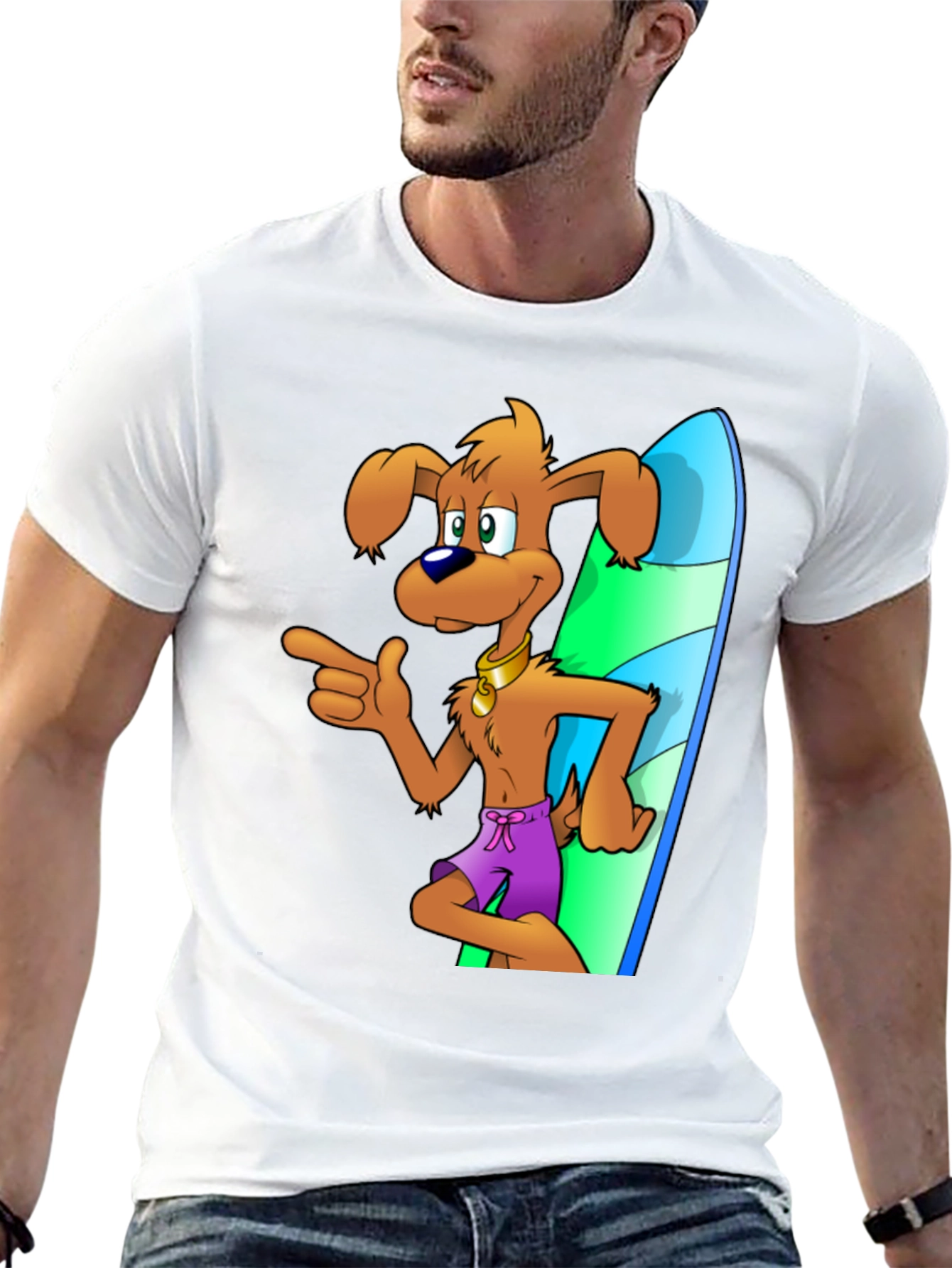 Camiseta Negra con Diseño de Perro Surfista