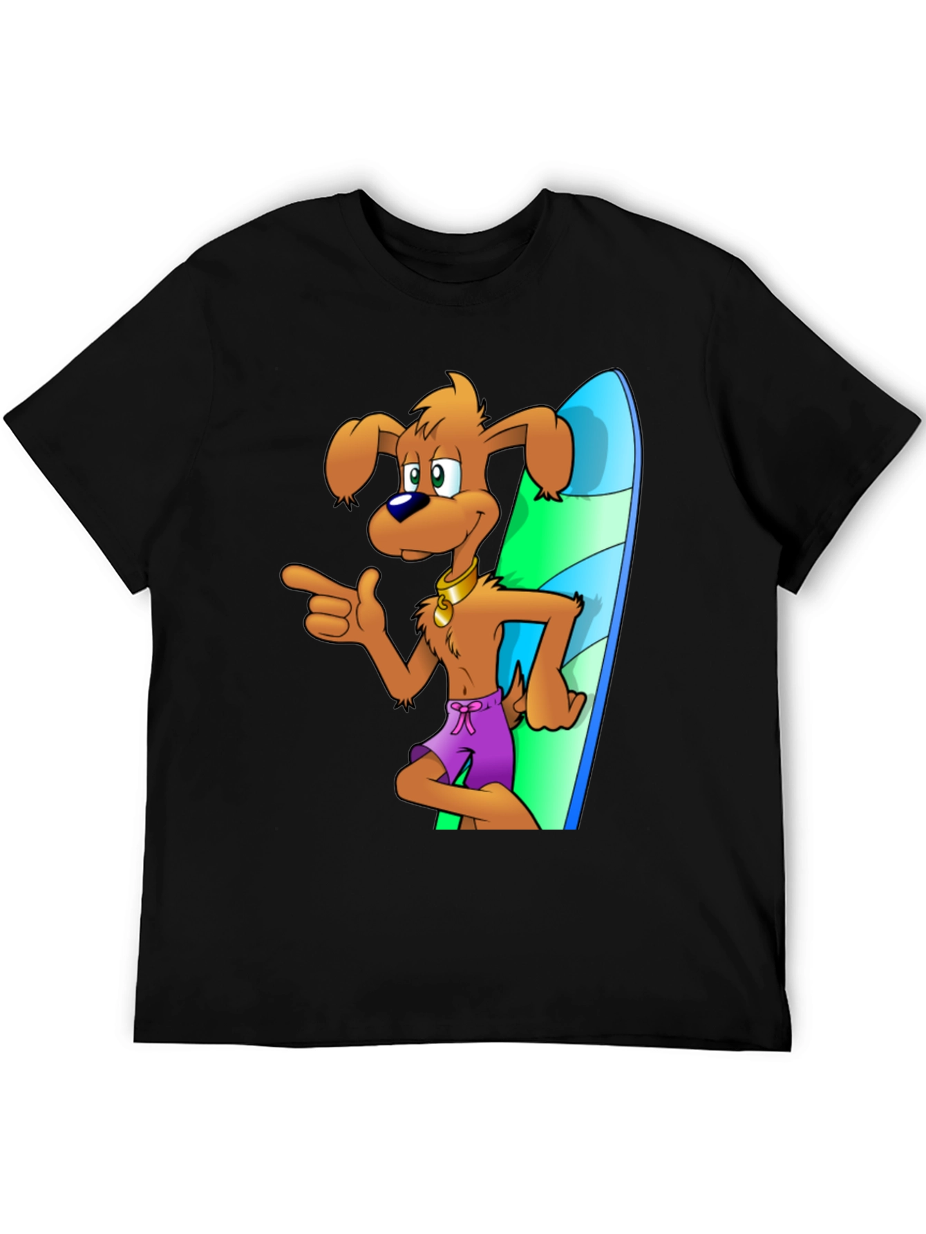 Camiseta Negra con Diseño de Perro Surfista