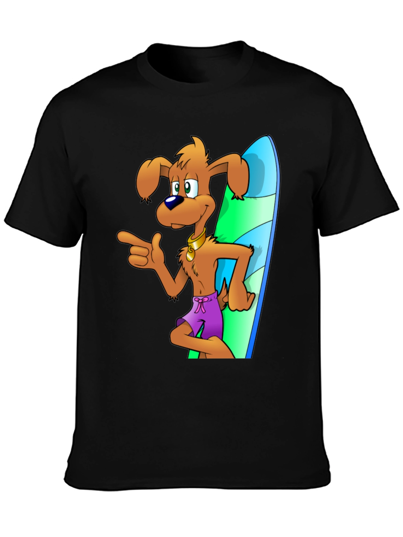 Camiseta Negra con Diseño de Perro Surfista