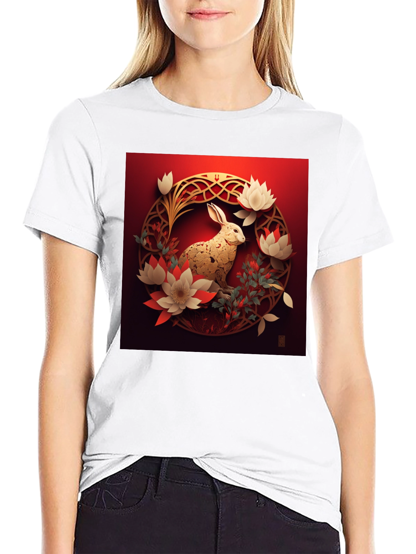 Camiseta Hombre Conejo Dorado Diseño Floral