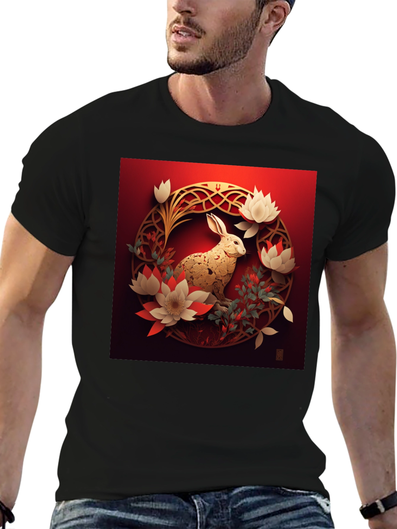 Camiseta Hombre Conejo Dorado Diseño Floral