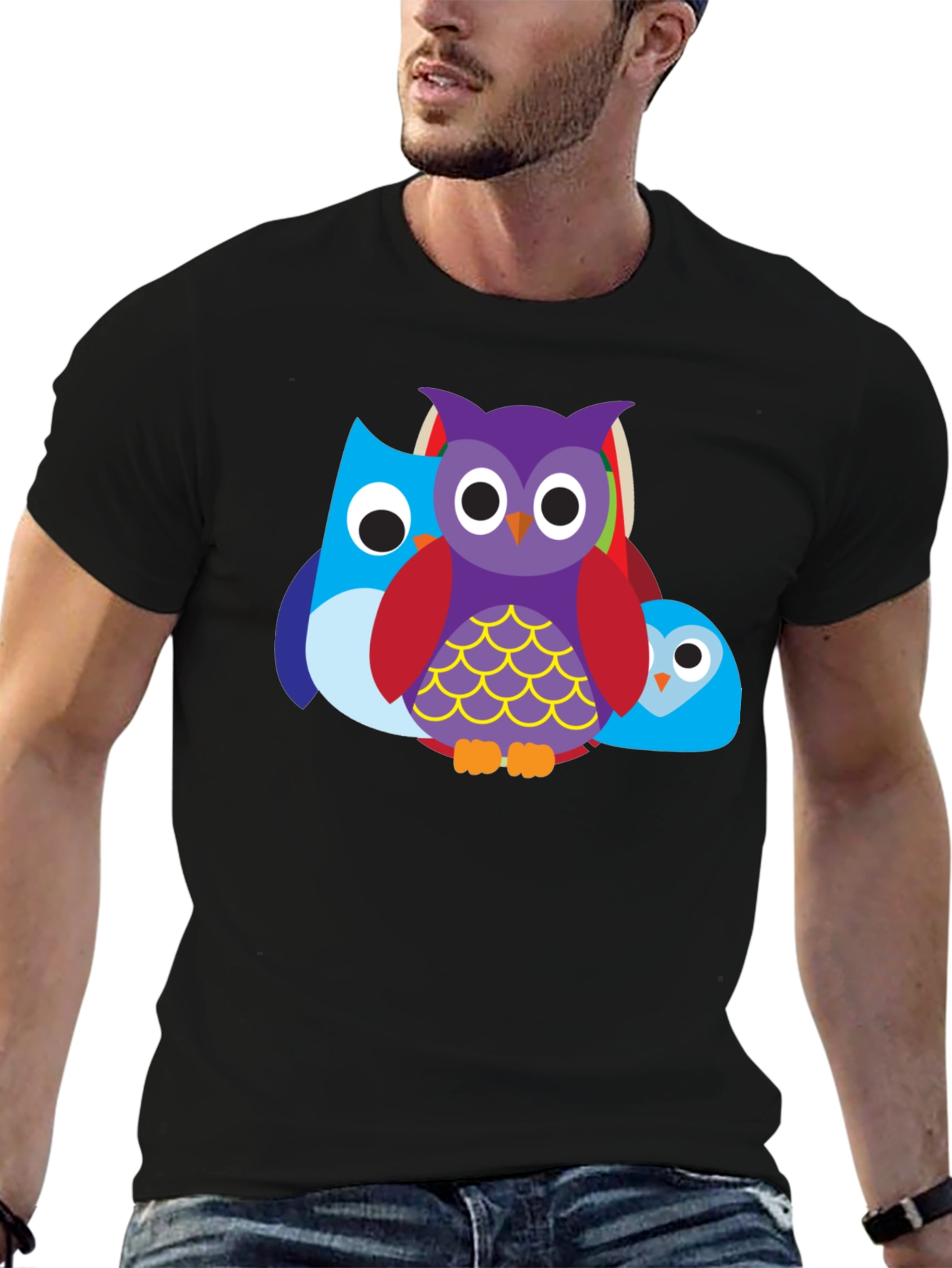 Camiseta Negra con Diseño de Búhos Divertidos