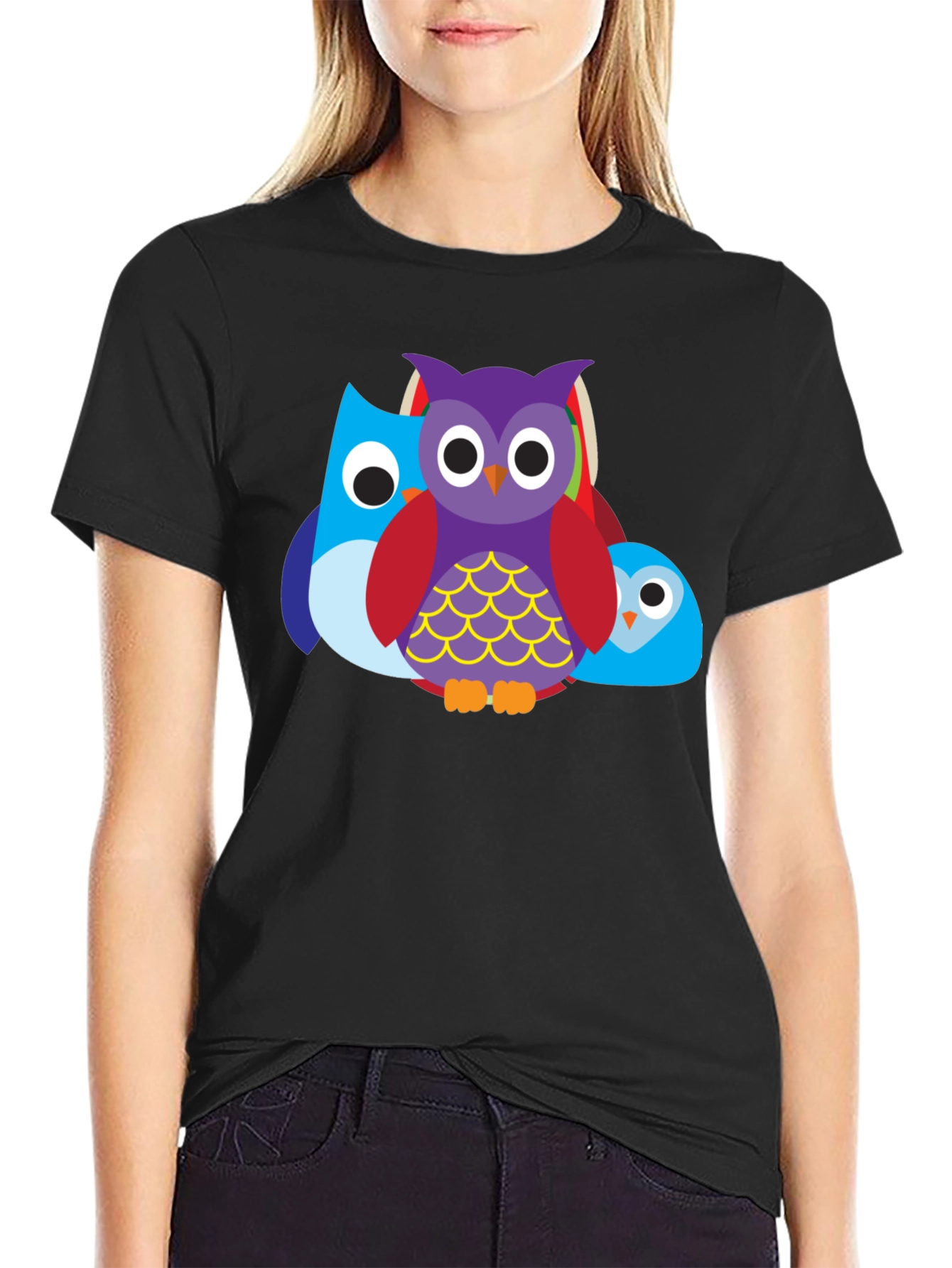 Camiseta Negra con Diseño de Búhos Divertidos