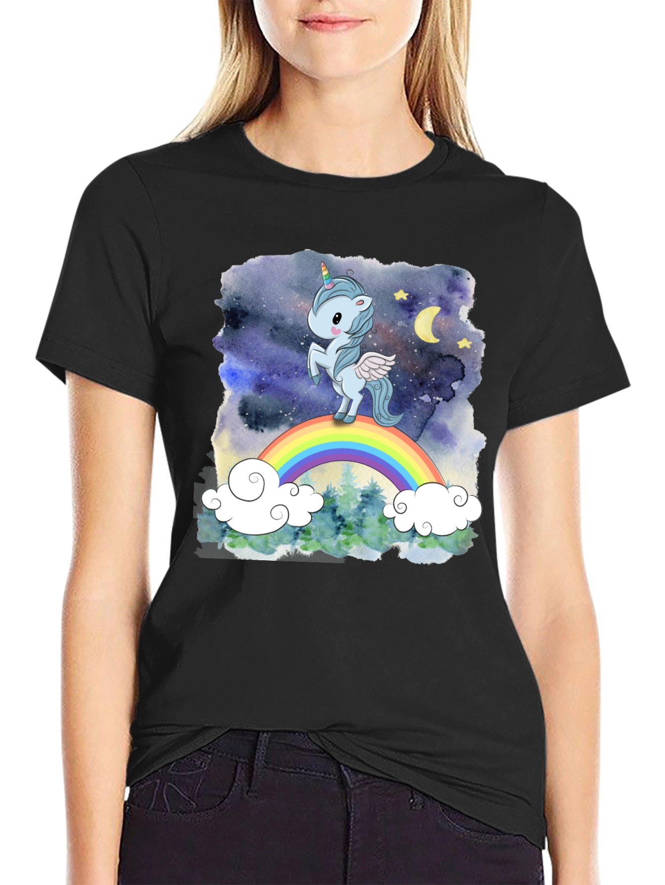 Camiseta Hombre Unicornio Arcoíris Cielo Estrellado