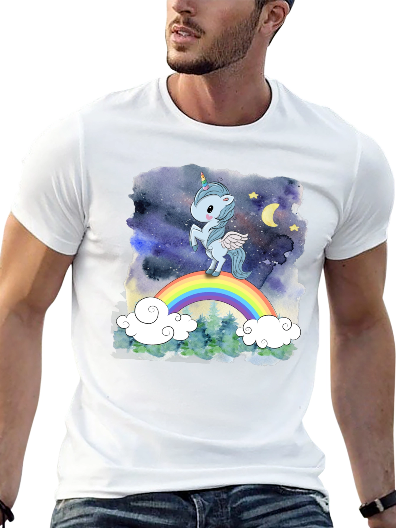 Camiseta Hombre Unicornio Arcoíris Cielo Estrellado