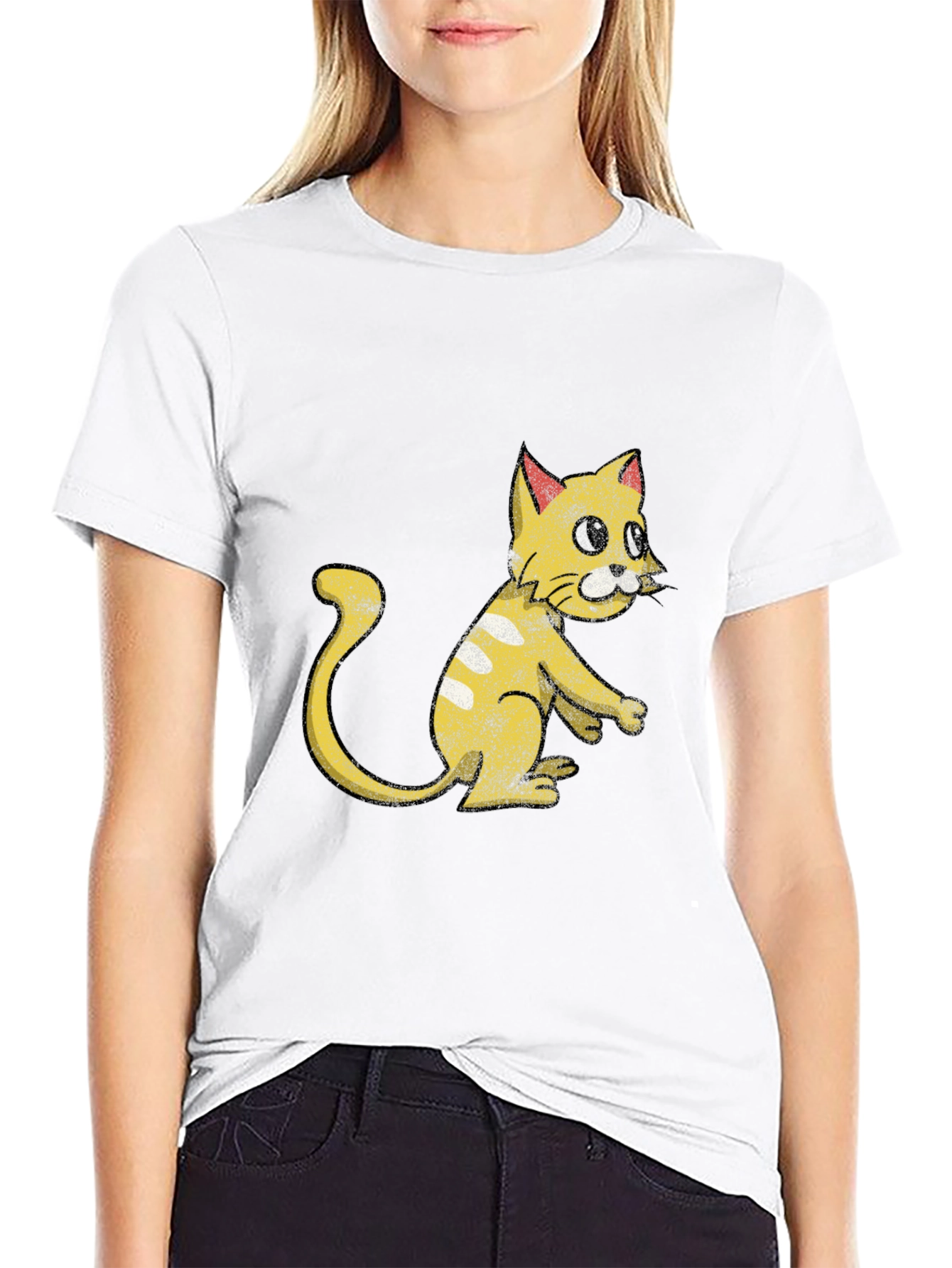 Camiseta Negra con Diseño de Gato Amarillo Divertido