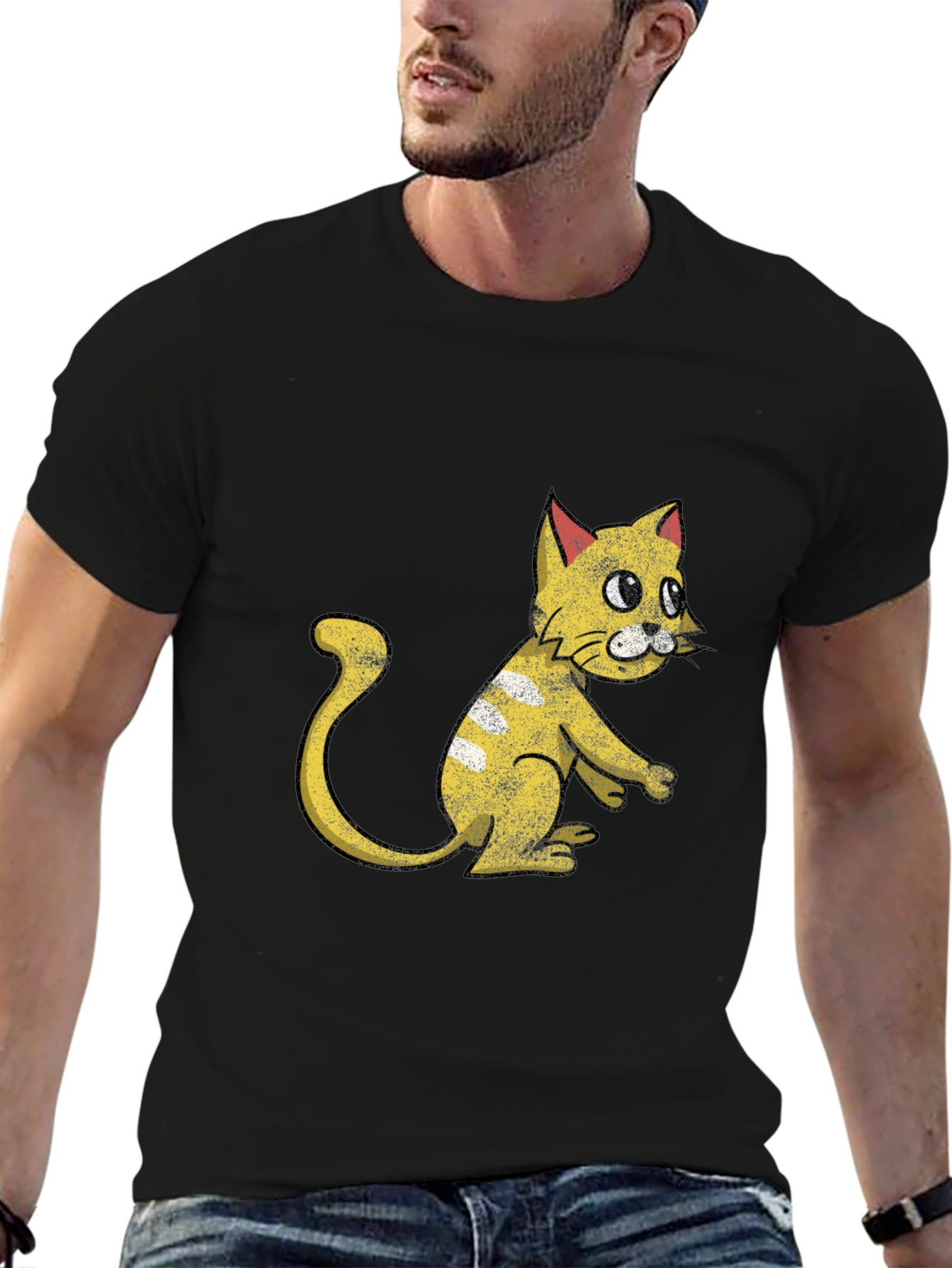 Camiseta Negra con Diseño de Gato Amarillo Divertido