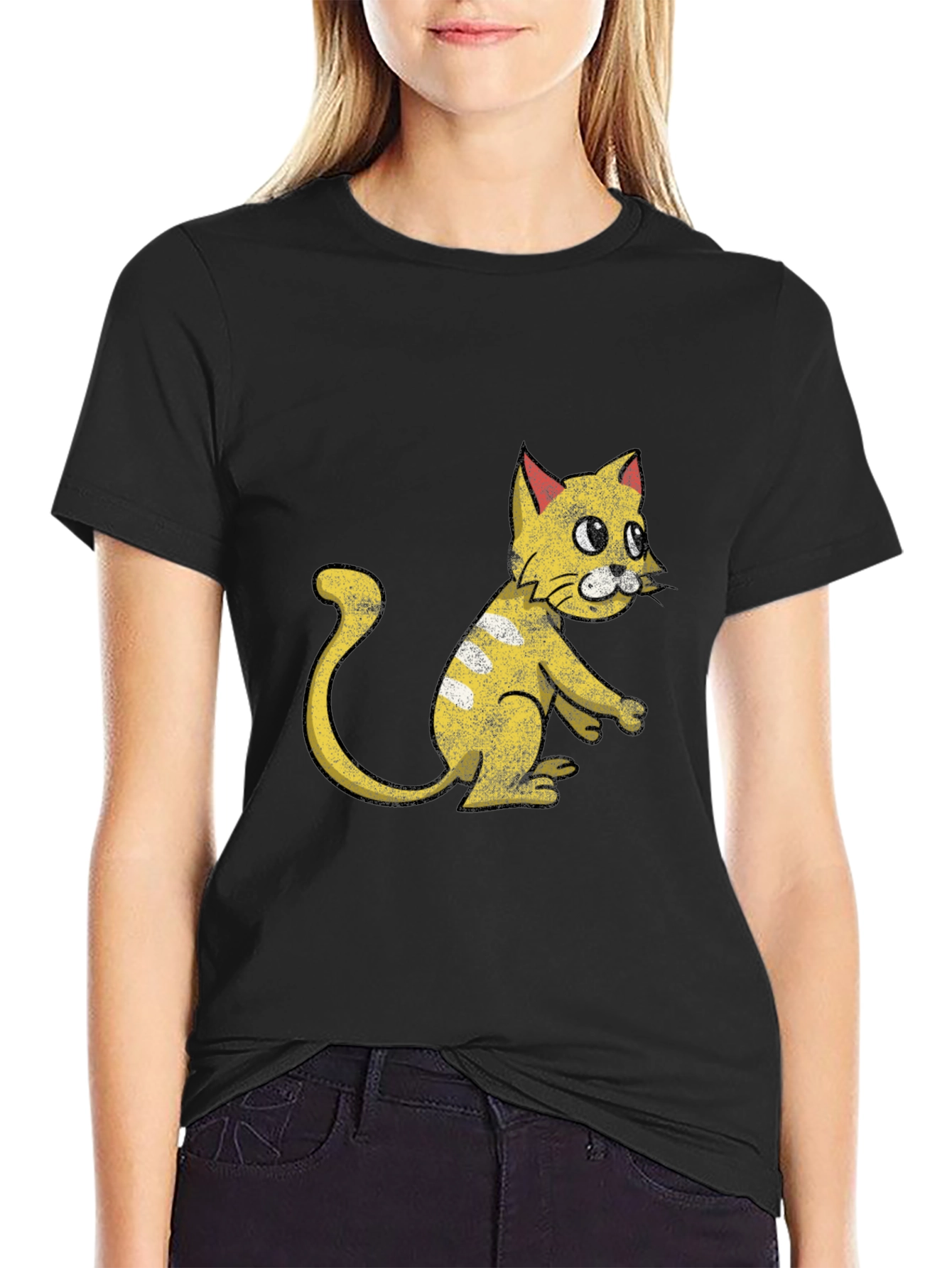 Camiseta Negra con Diseño de Gato Amarillo Divertido