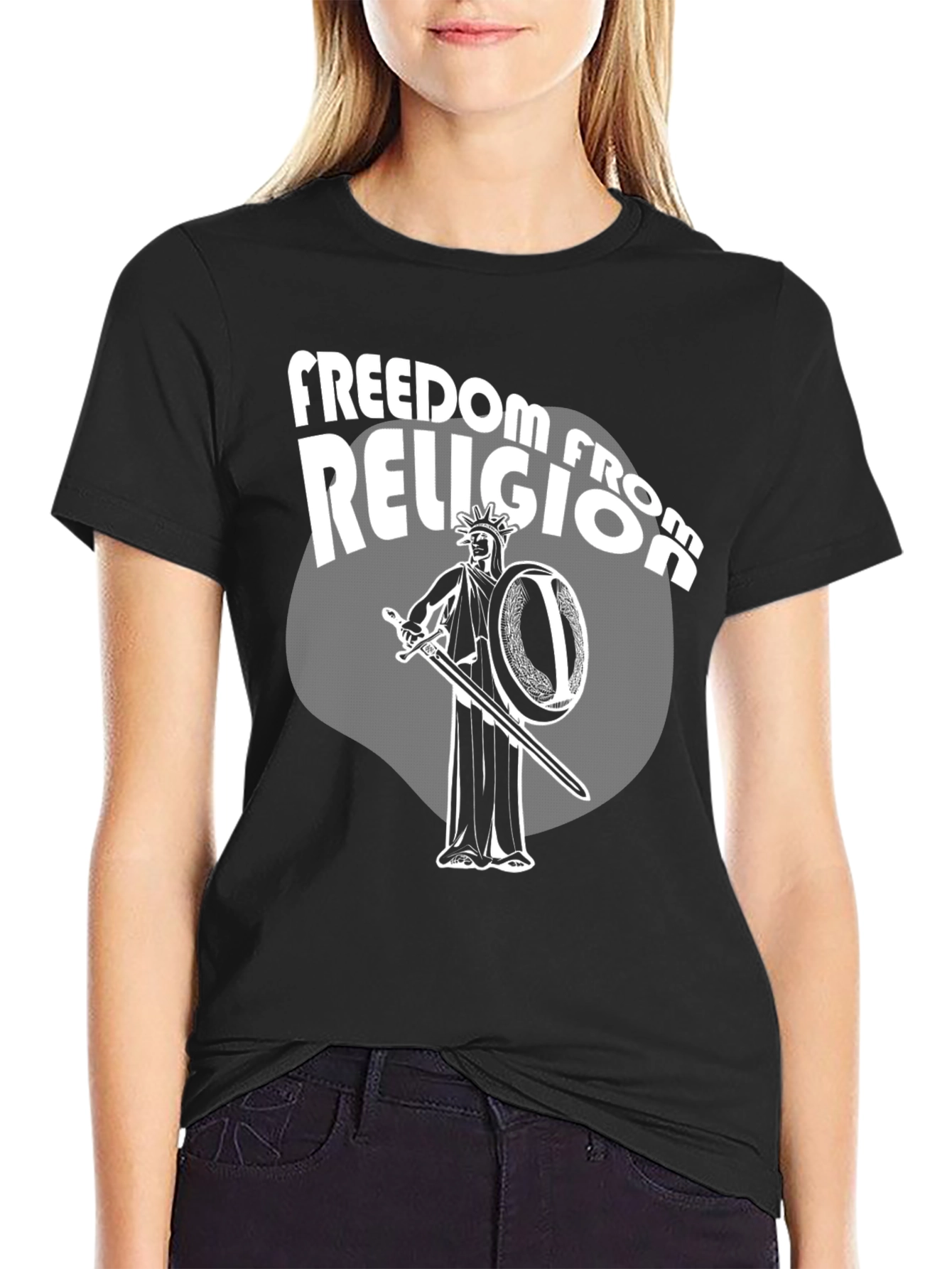 Camiseta Negra: Libertad de Religión con Estatua