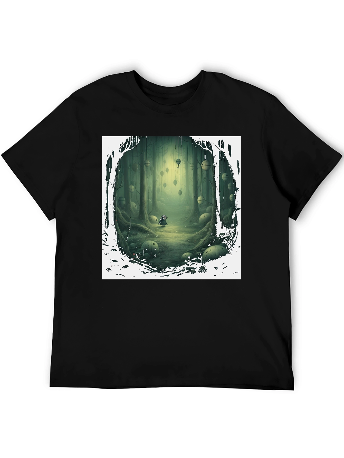 Camiseta Negra con Diseño Bosque Misterioso