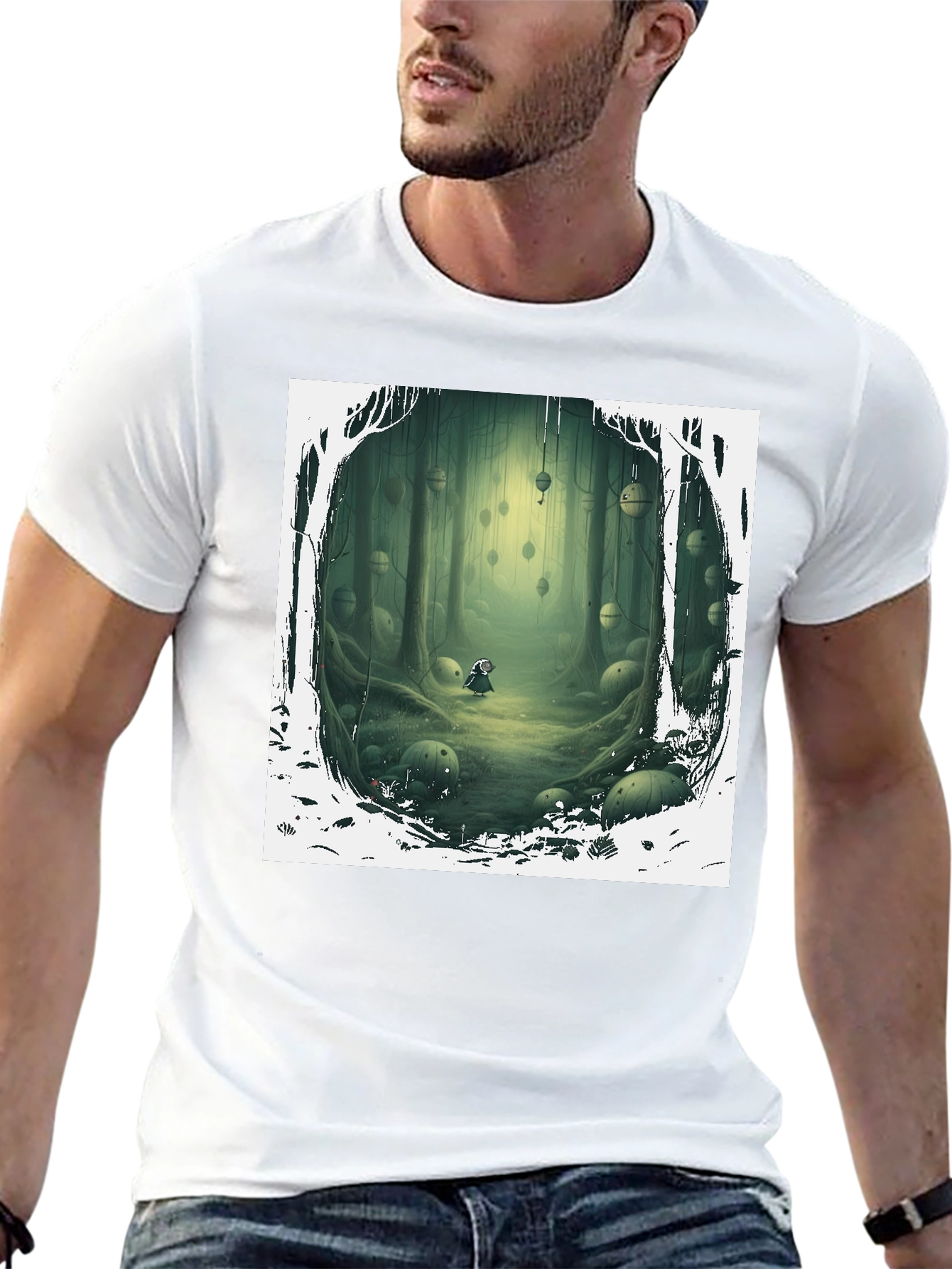 Camiseta Negra con Diseño Bosque Misterioso