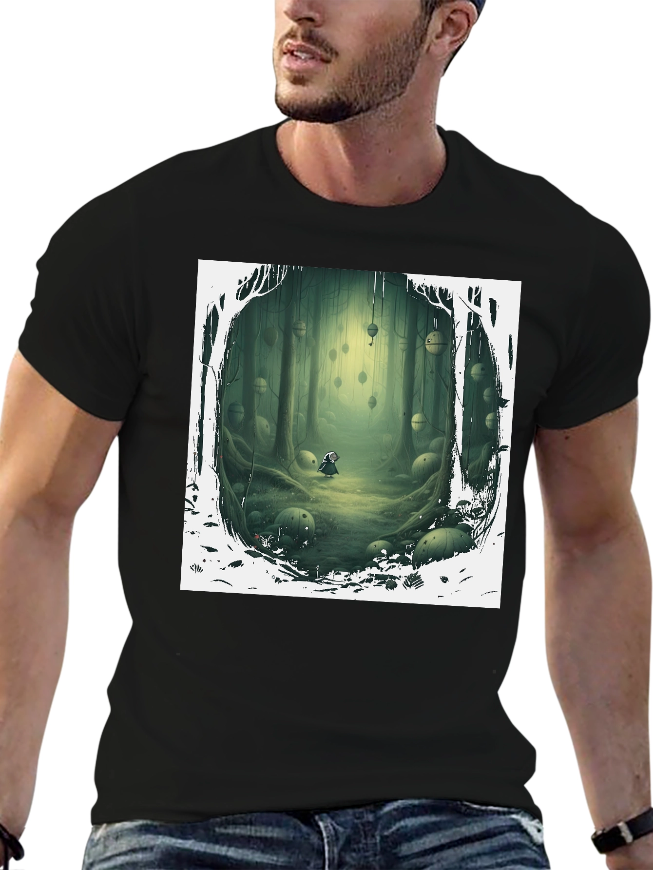 Camiseta Negra con Diseño Bosque Misterioso
