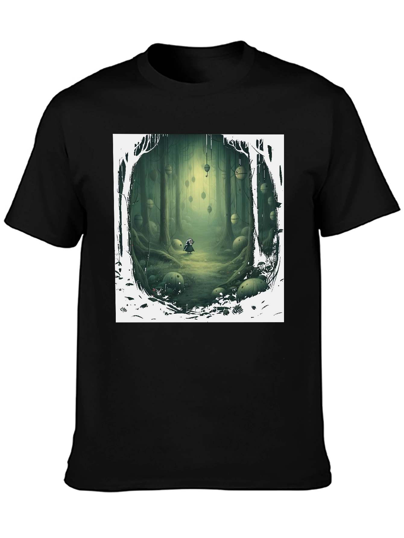 Camiseta Negra con Diseño Bosque Misterioso