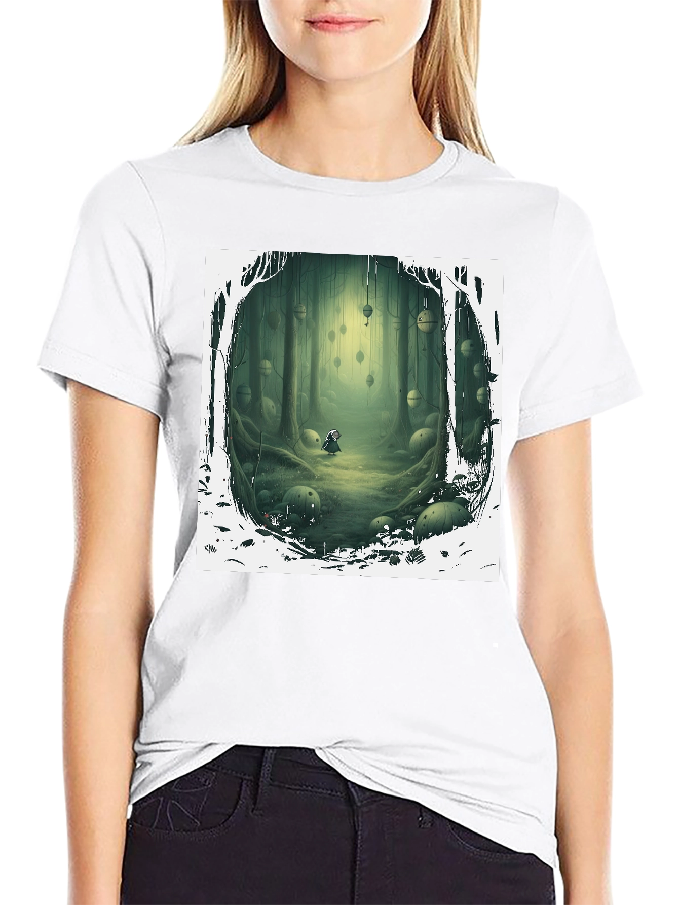 Camiseta Negra con Diseño Bosque Misterioso