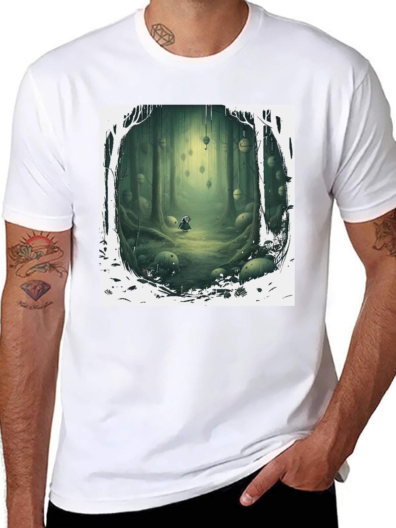 Camiseta Negra con Diseño Bosque Misterioso