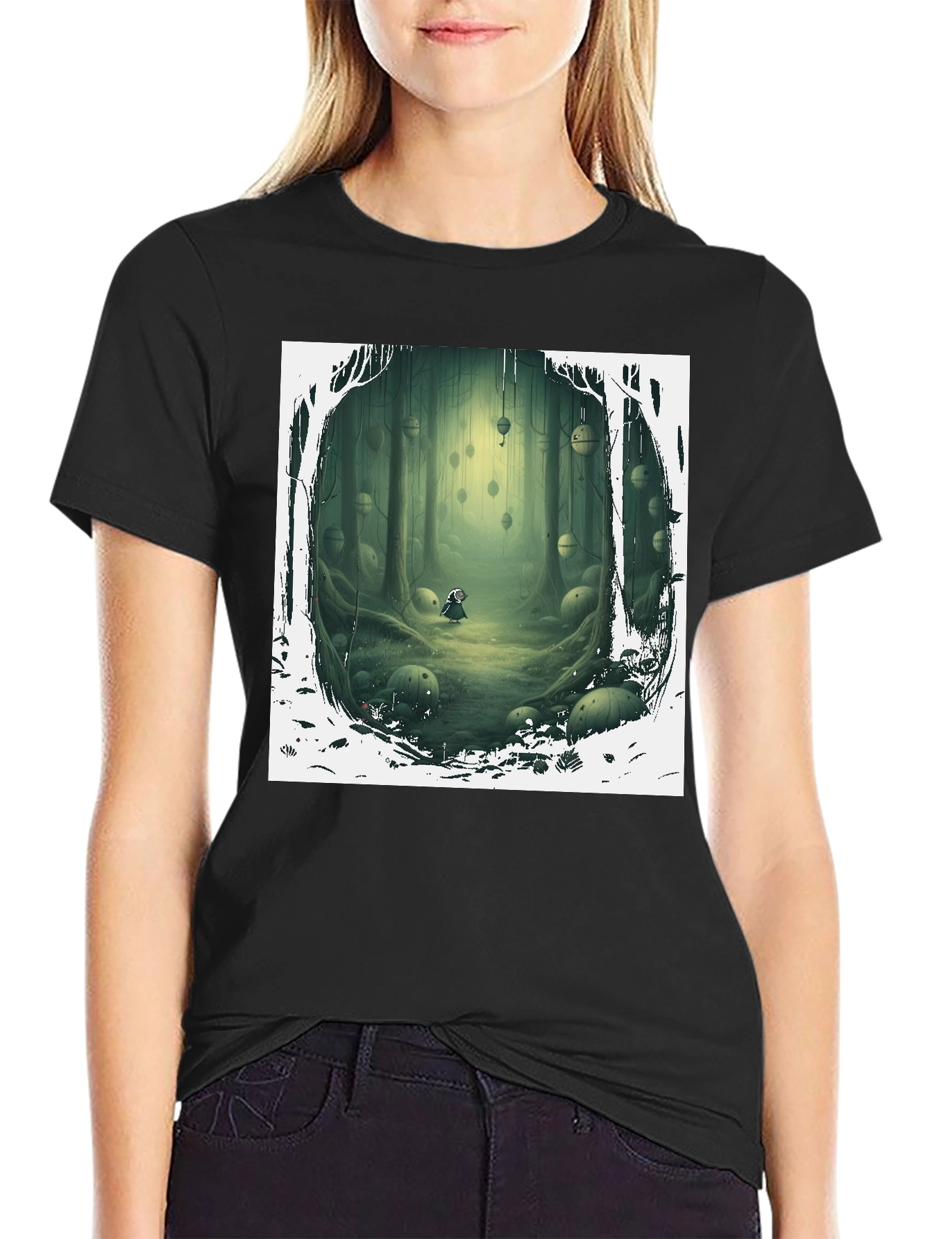 Camiseta Negra con Diseño Bosque Misterioso